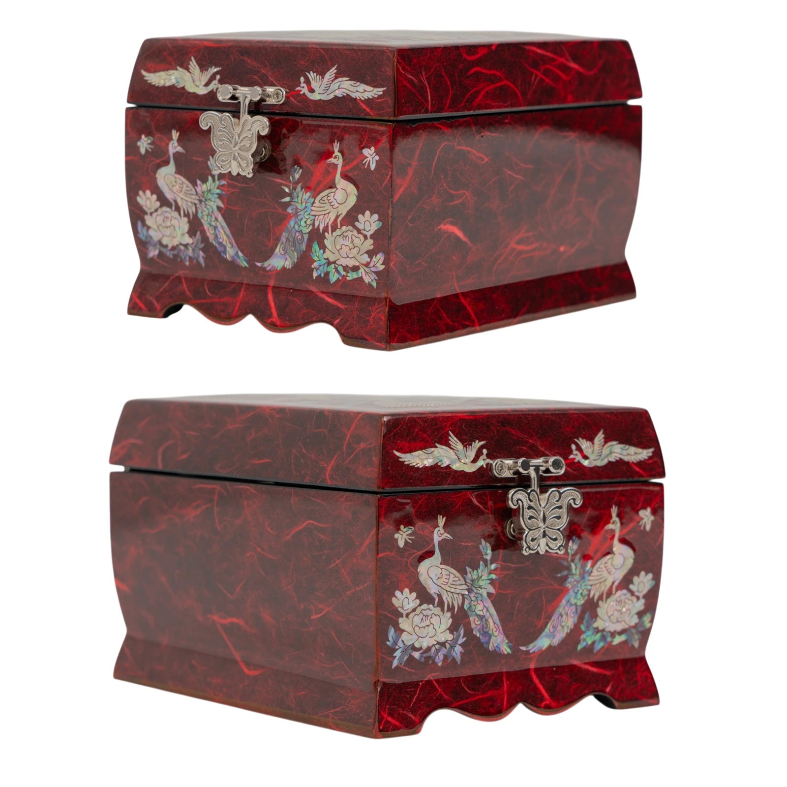 Side and front views of a rich red jewelry box featuring iridescent mother-of-pearl peacock motifs and a silver-tone butterfly latch.
