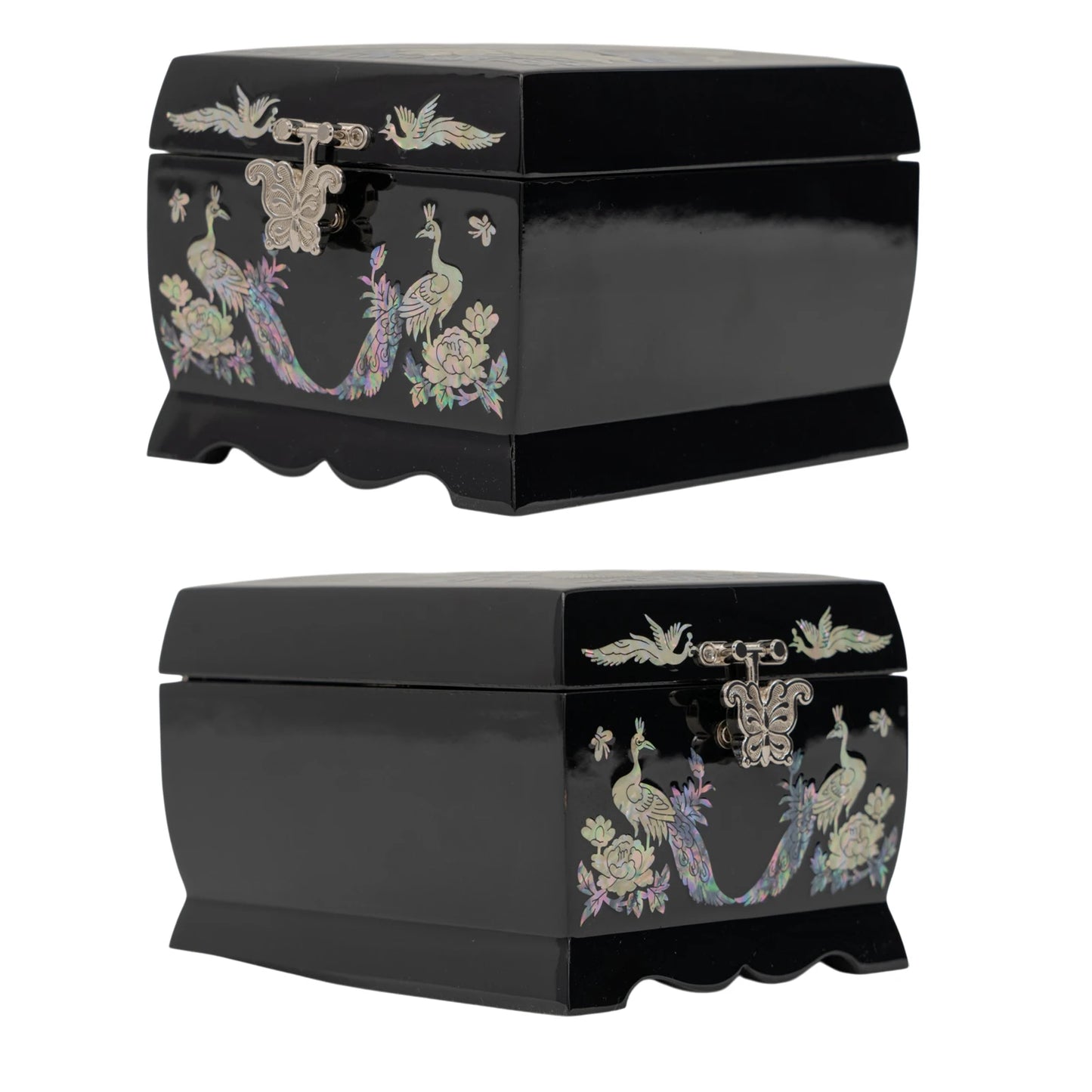 Side and front views of a sleek black jewelry box decorated with glowing mother-of-pearl peacocks and silver butterfly hardware.