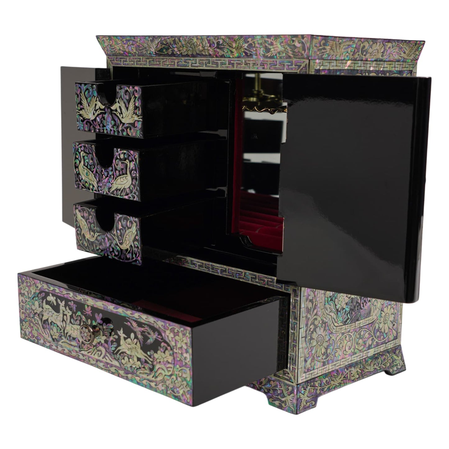 Side angle of the opened lacquer chest showing the velvet-lined storage compartments, drawers, and high-gloss black interior