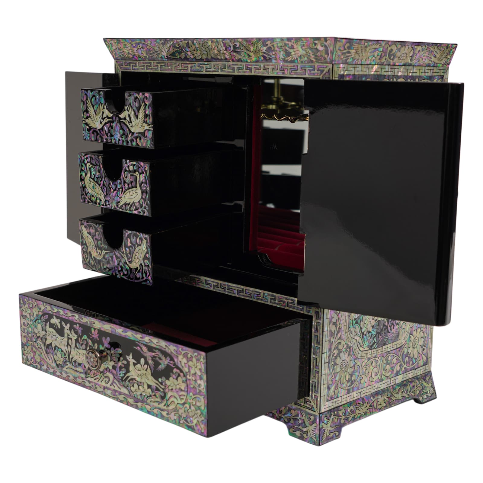 Side angle of the opened lacquer chest showing the velvet-lined storage compartments, drawers, and high-gloss black interior