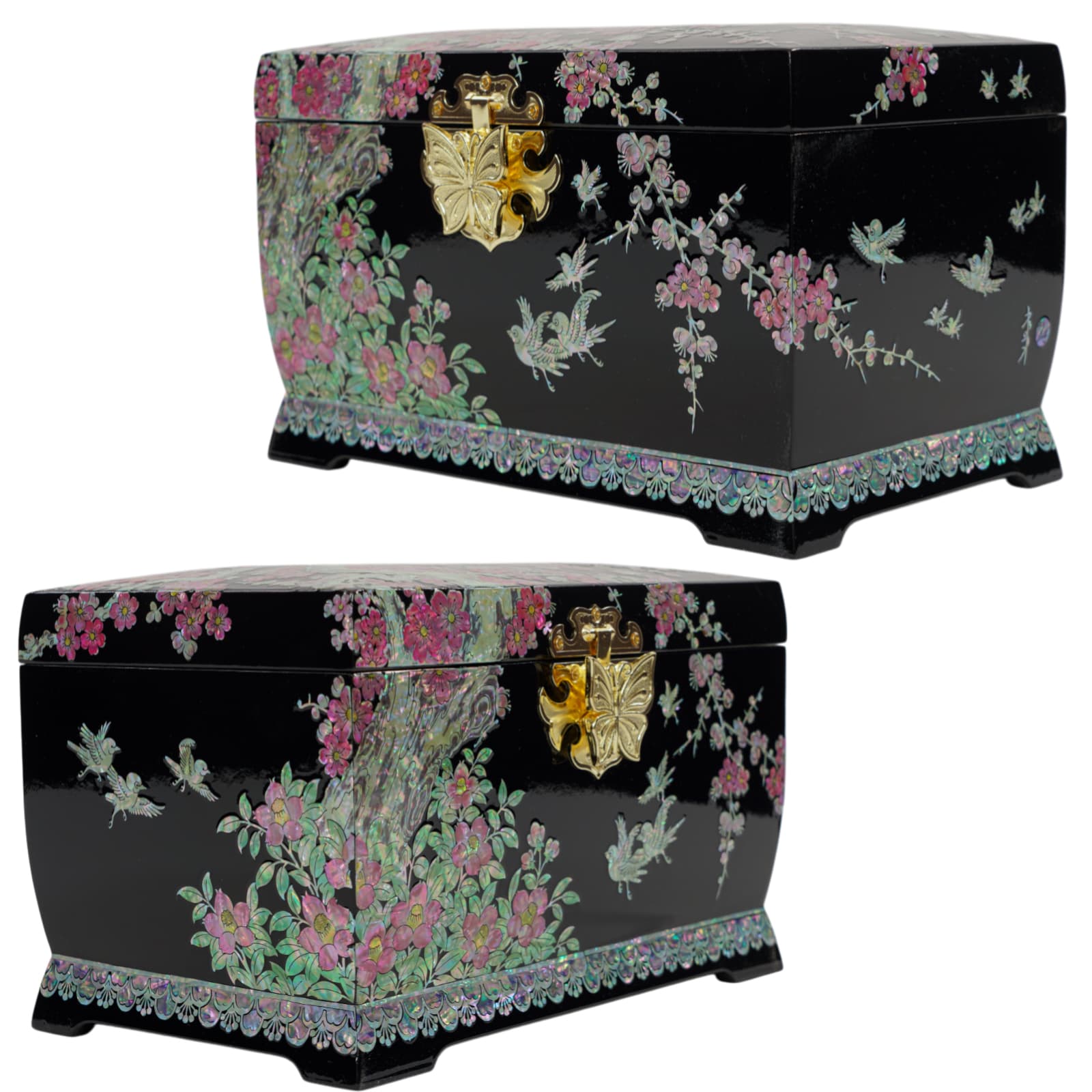 Side angles of black lacquer jewelry box with bird and blossom inlay pattern