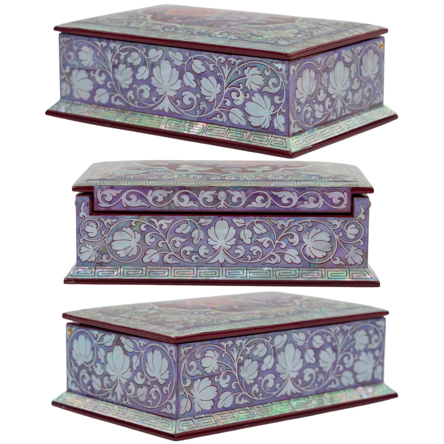 Side angles of ornate floral inlay with pearl finish on burgundy lacquer box