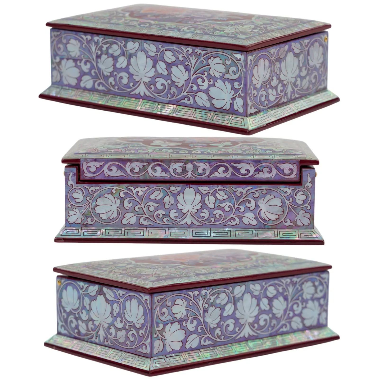 Side angles of ornate floral inlay with pearl finish on burgundy lacquer box