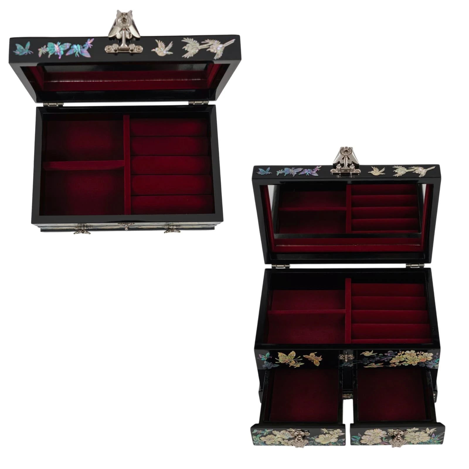 Side profile of a black jewelry box showing delicate mother of pearl butterfly motifs and the clean, polished edges of the handmade wooden chest