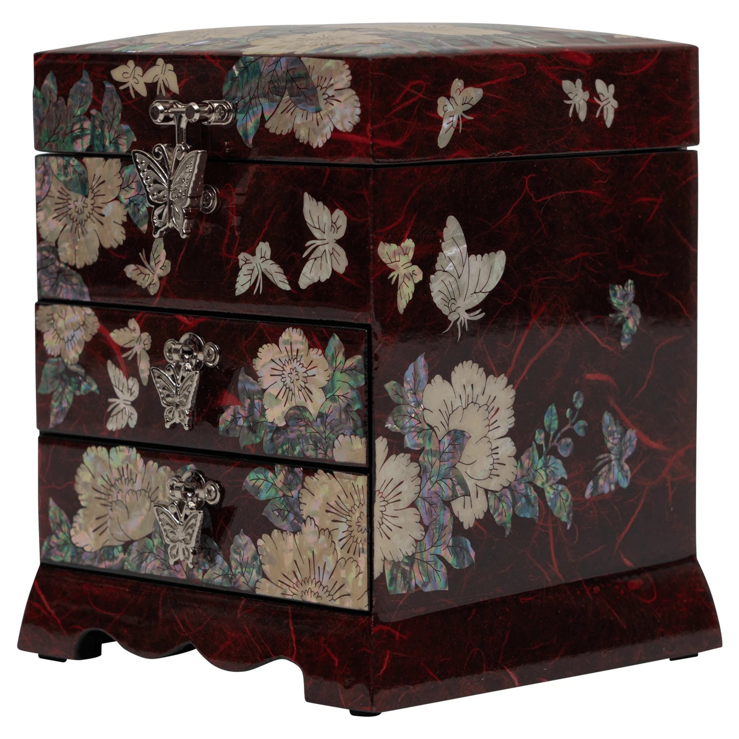 Side profile of multi-drawer accessory case featuring shimmering abalone shell butterflies and peony blossoms on a deep crimson background.