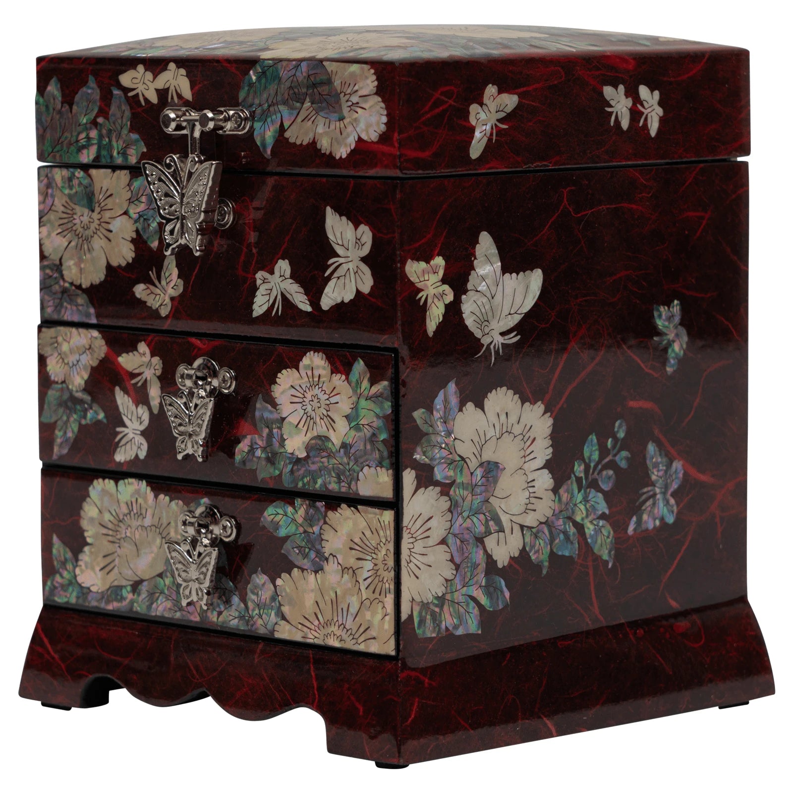 Side profile of multi-drawer accessory case featuring shimmering abalone shell butterflies and peony blossoms on a deep crimson background.