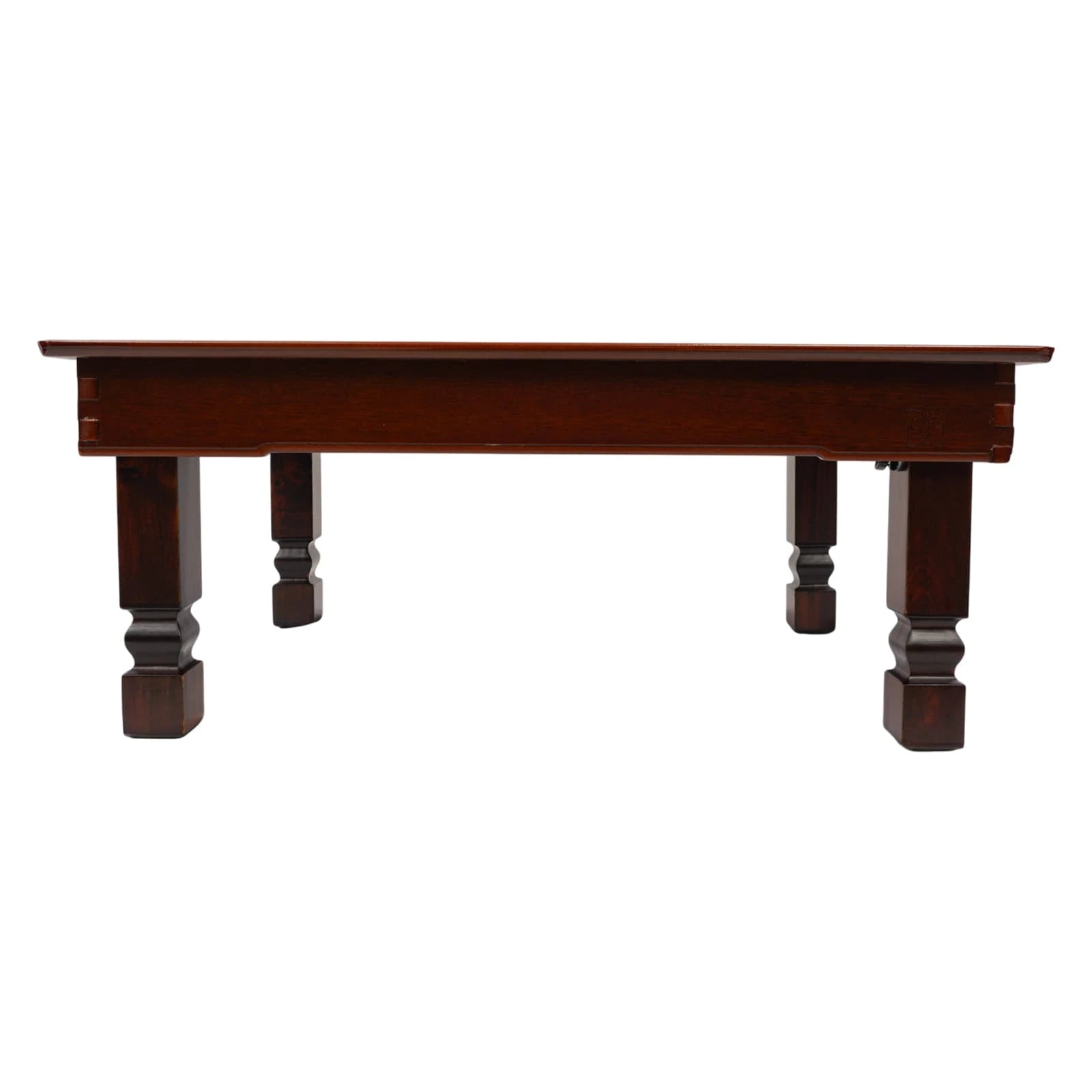 Side profile of traditional Korean wooden low table with dark lacquer finish and sturdy square carved legs