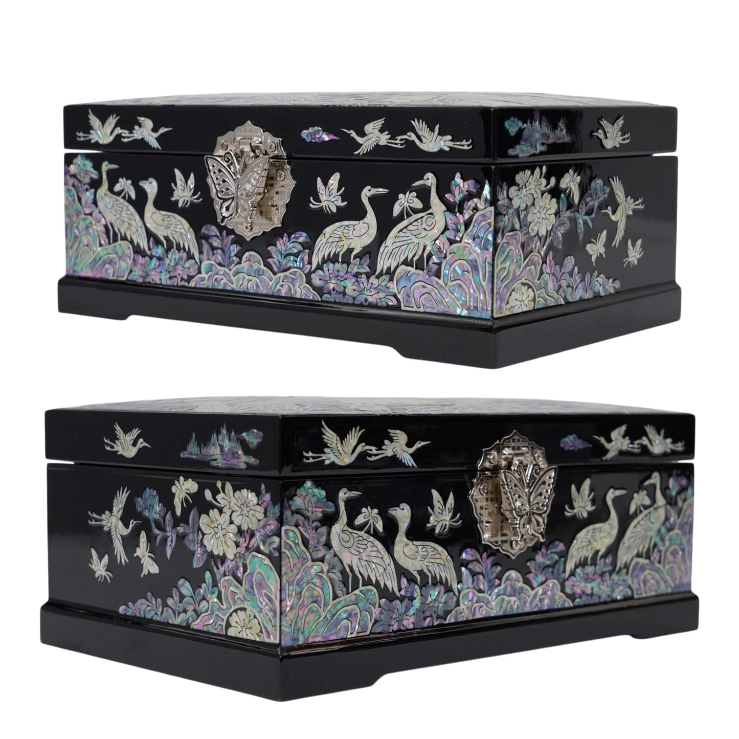 Side view angles of crane wooden box, showcasing detailed shimmering nacre pine trees and bird art craft design
