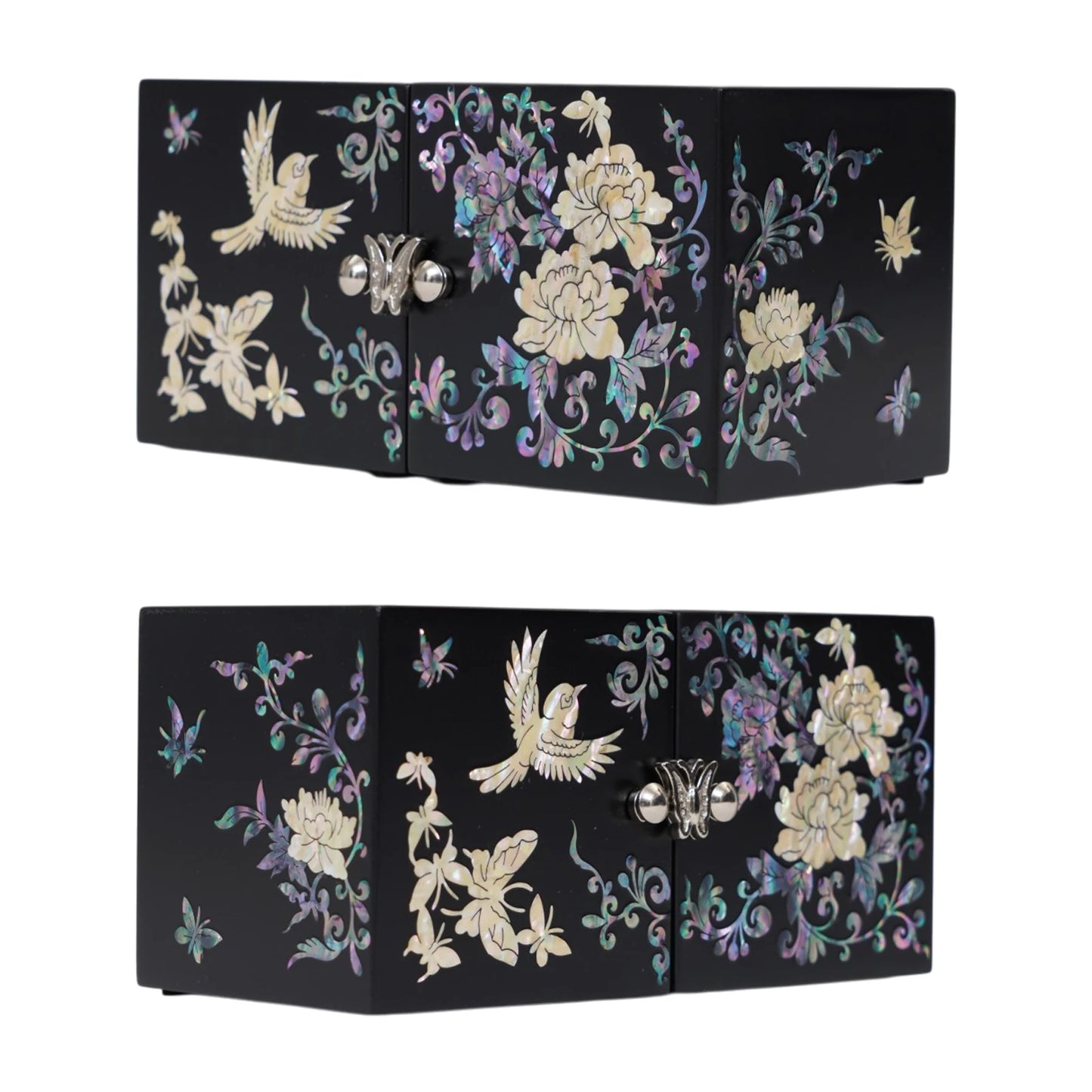 Side view angles of folding lacquer keepsake organizer, showcasing shimmering mother of pearl floral details
