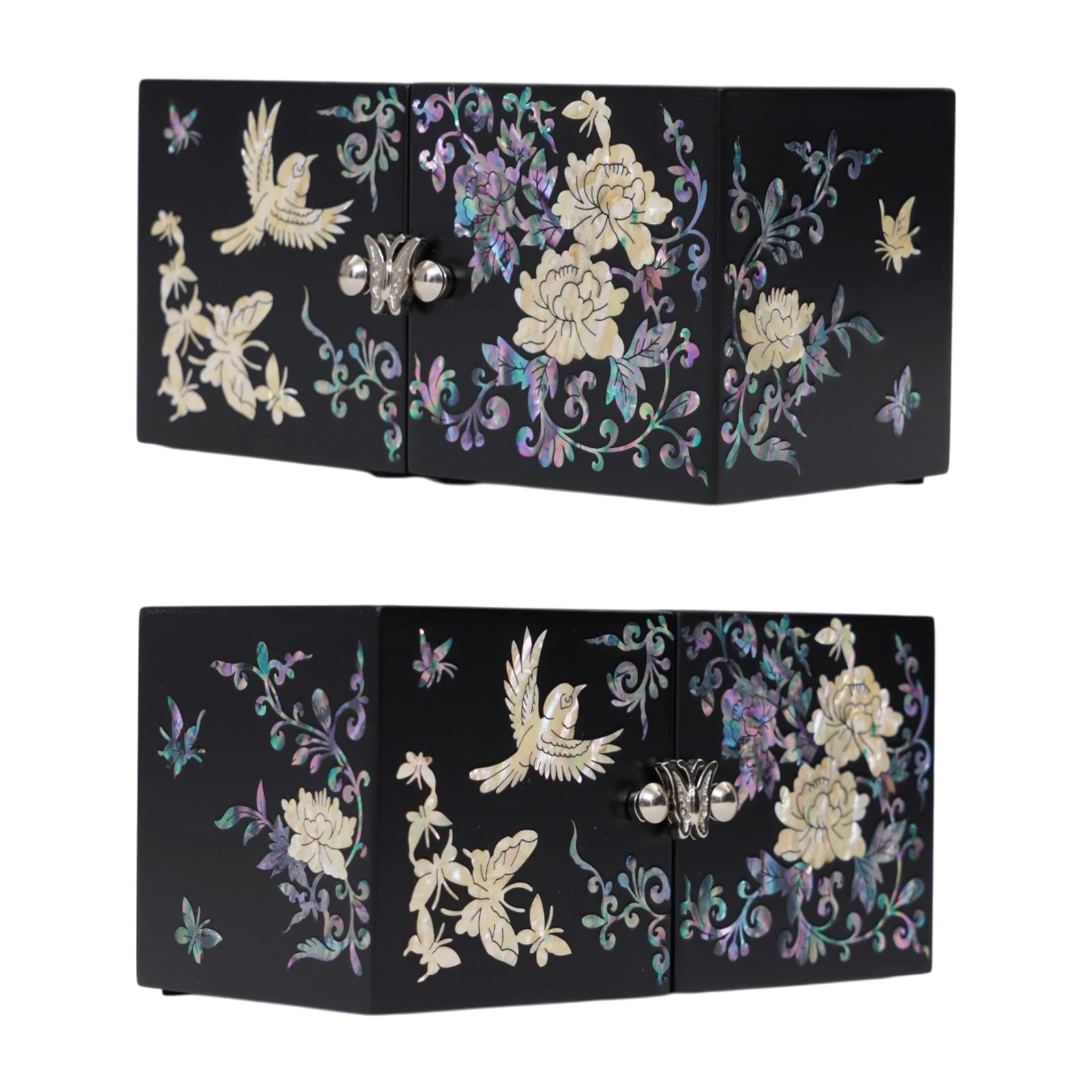 Side view angles of folding lacquer keepsake organizer, showcasing shimmering mother of pearl floral details