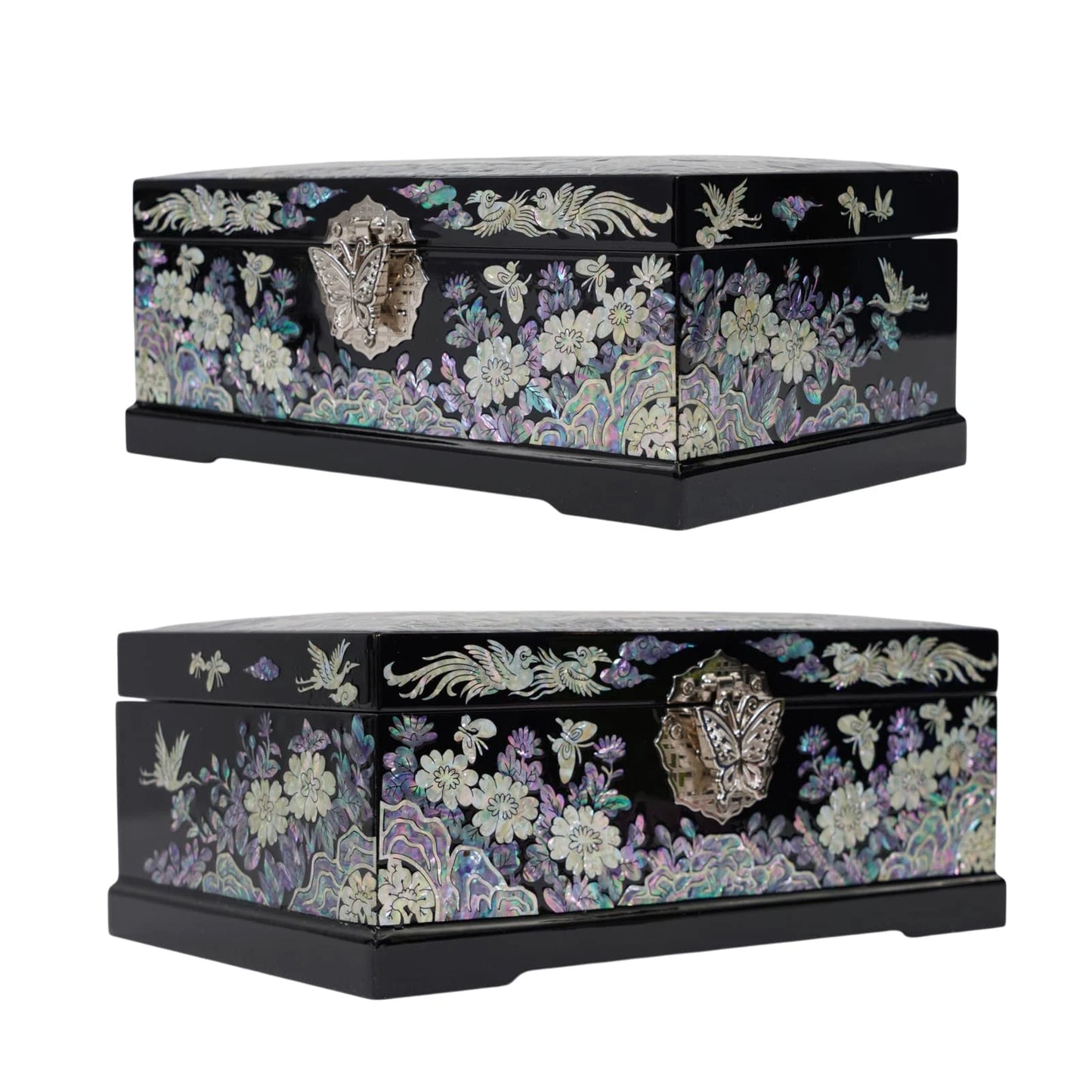 Side view angles of peacock wooden box, showcasing detailed hand carved mother of pearl flowers and bird design