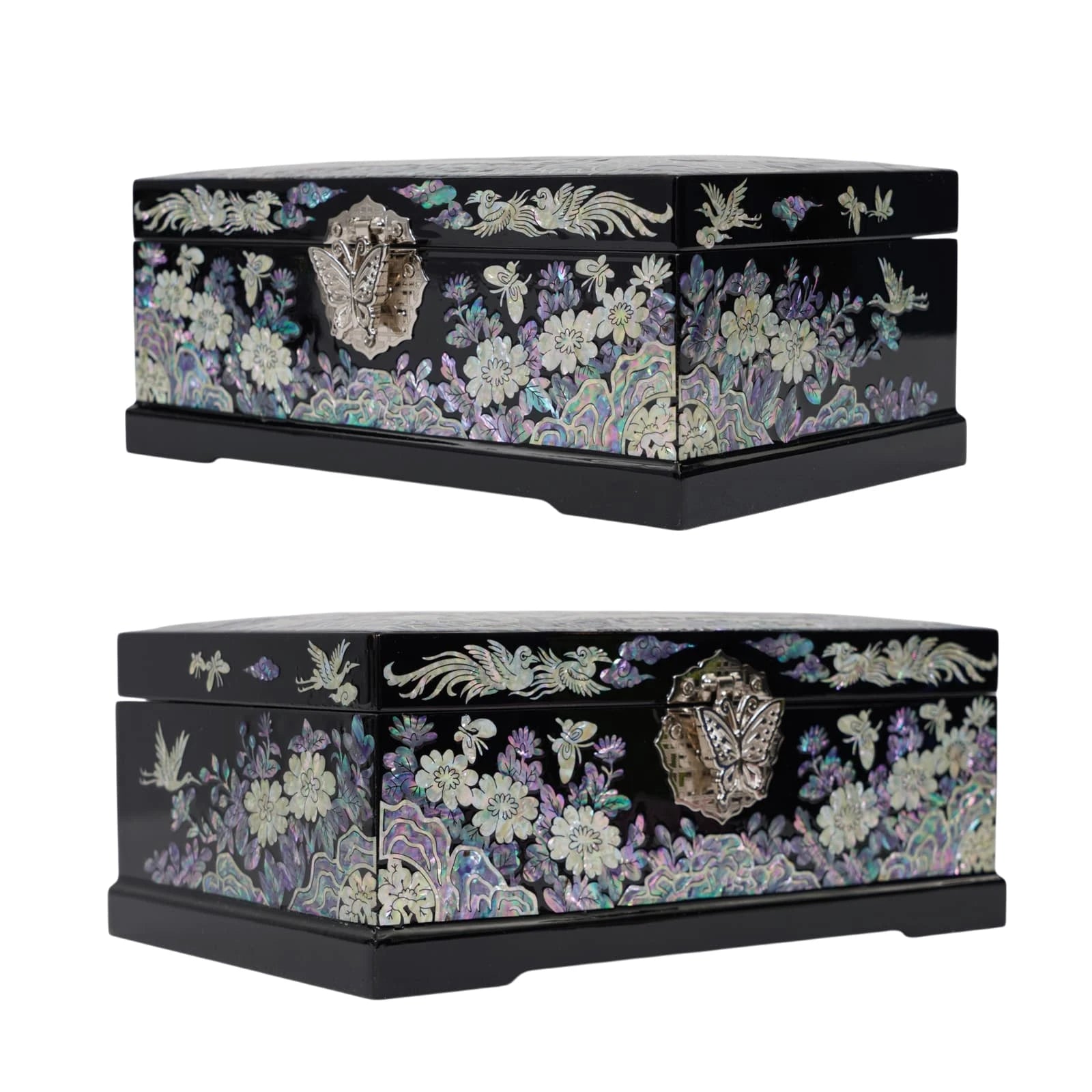 Side view angles of peacock wooden box, showcasing detailed hand carved mother of pearl flowers and bird design