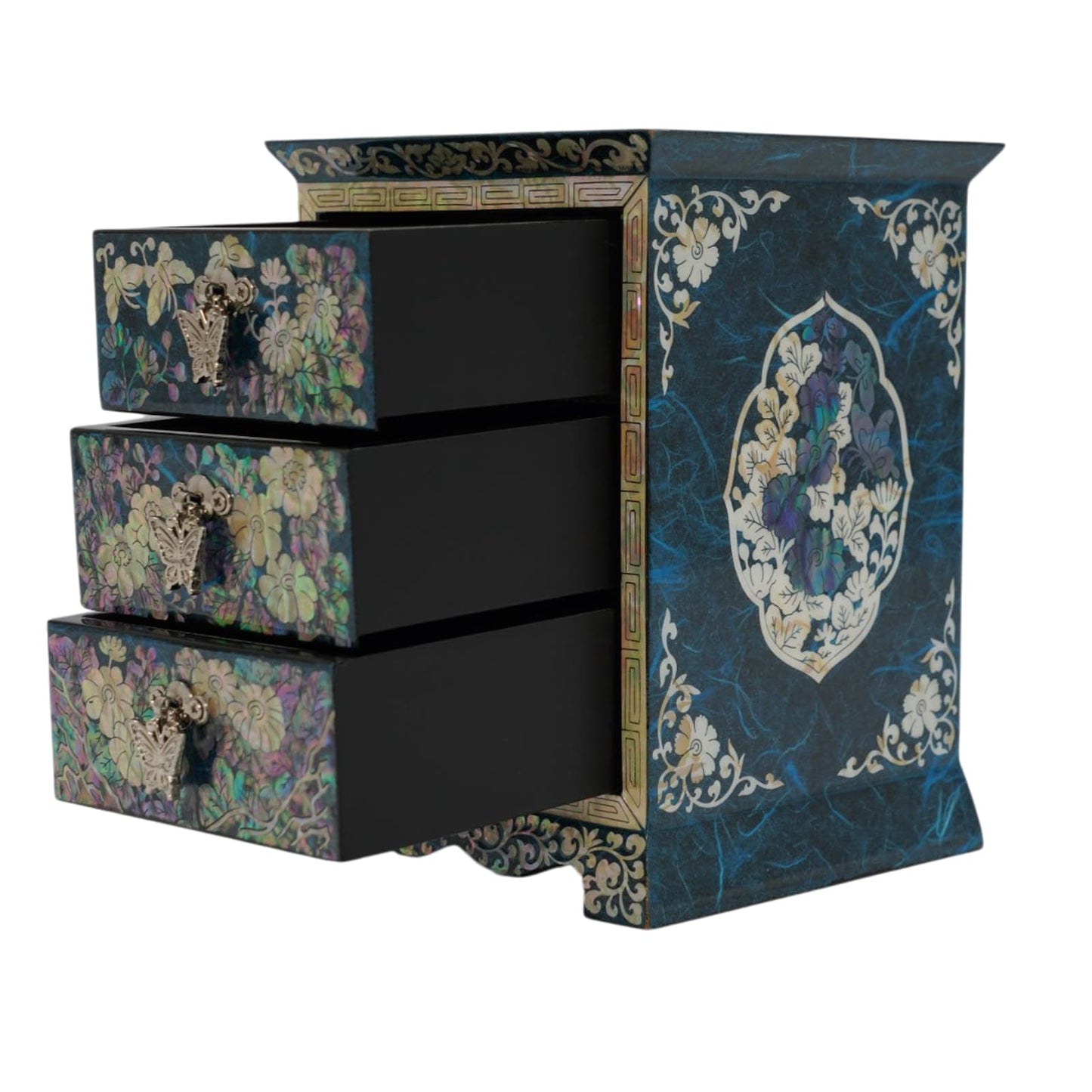 Side view of a blue 3-drawer jewelry chest with all drawers partially open, revealing black interior and intricate side floral medallions