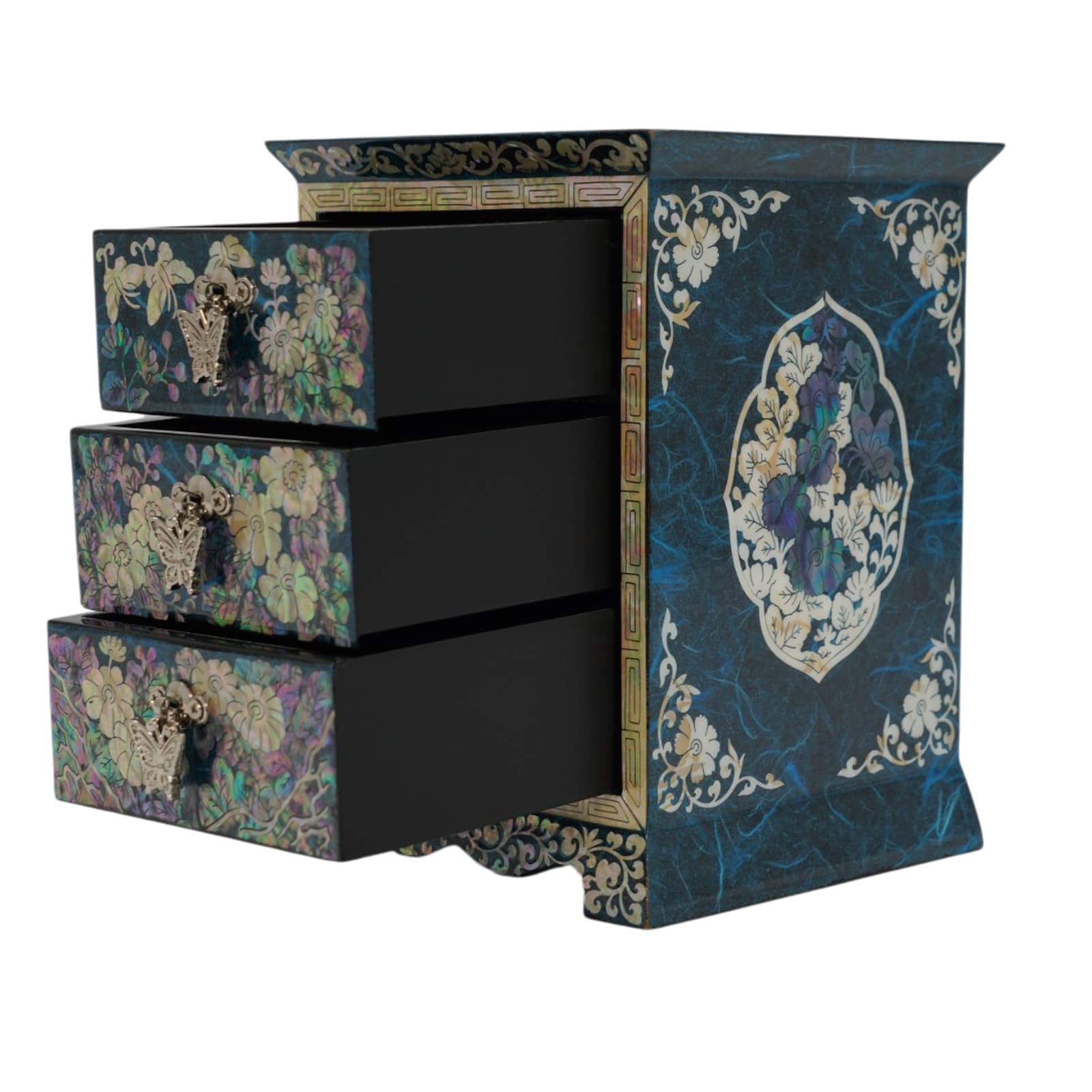 Side view of a blue 3-drawer jewelry chest with all drawers partially open, revealing black interior and intricate side floral medallions