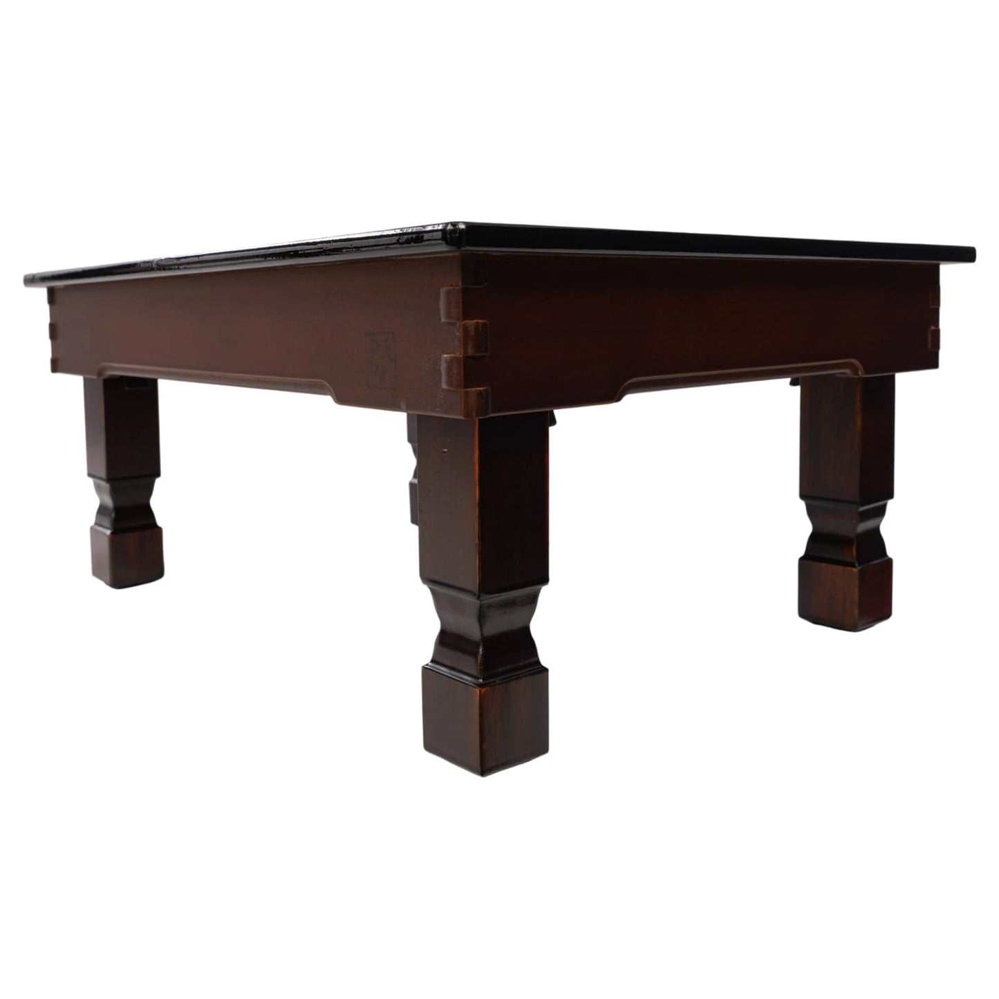Side view of a hand-crafted Korean low tea table showing sturdy dark mahogany-finished wood legs and traditional joinery craftsm