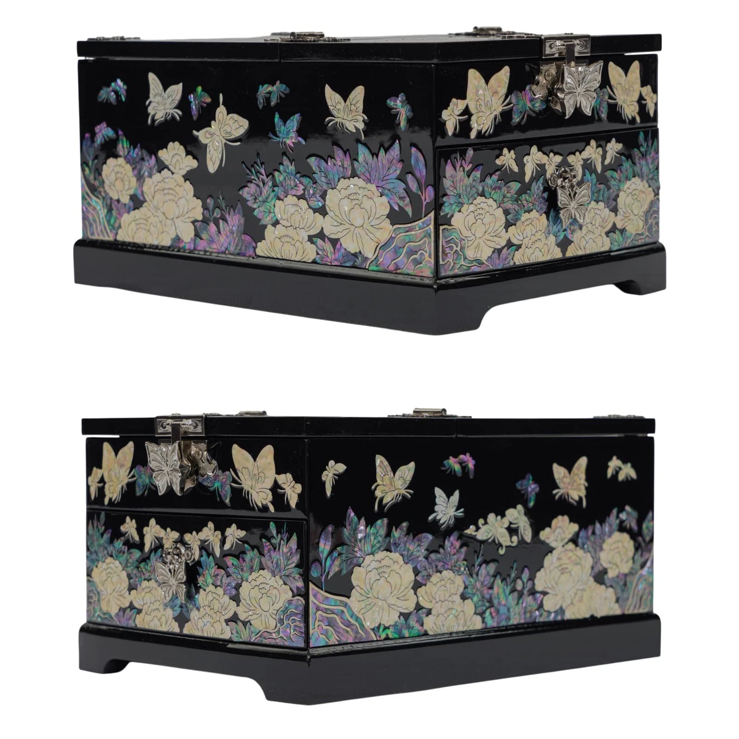 Side view of black lacquer jewelry box with mother of pearl floral and butterfly inlay, elegant decorative storage chest