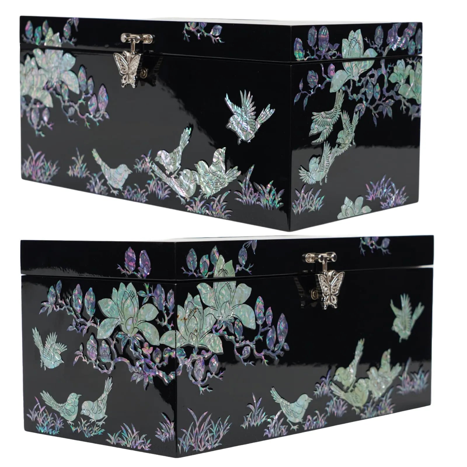 Side view of black tissue box showing abalone bird and floral patterns