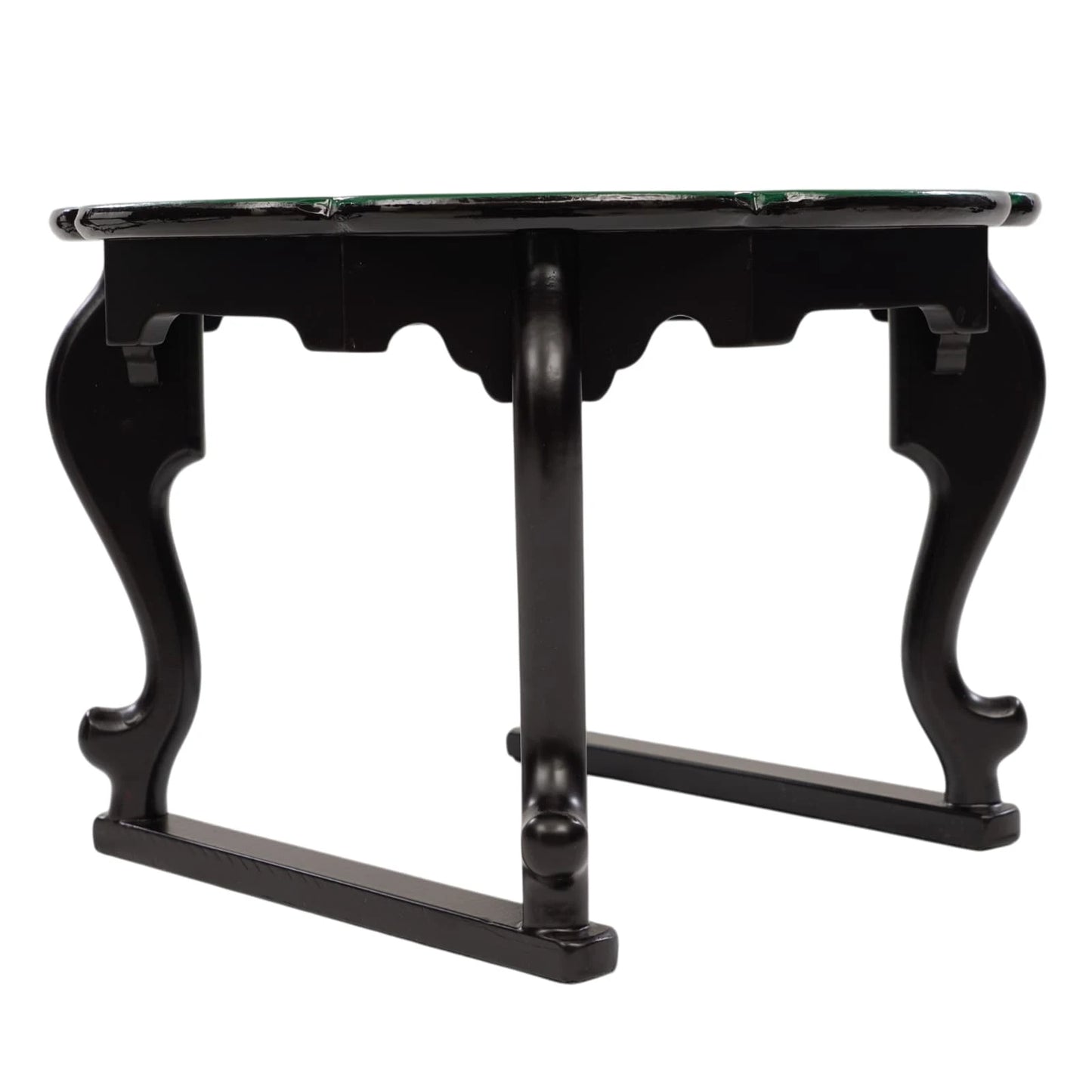 Side view of black wooden stand for mother-of-pearl round tray table with curved legs