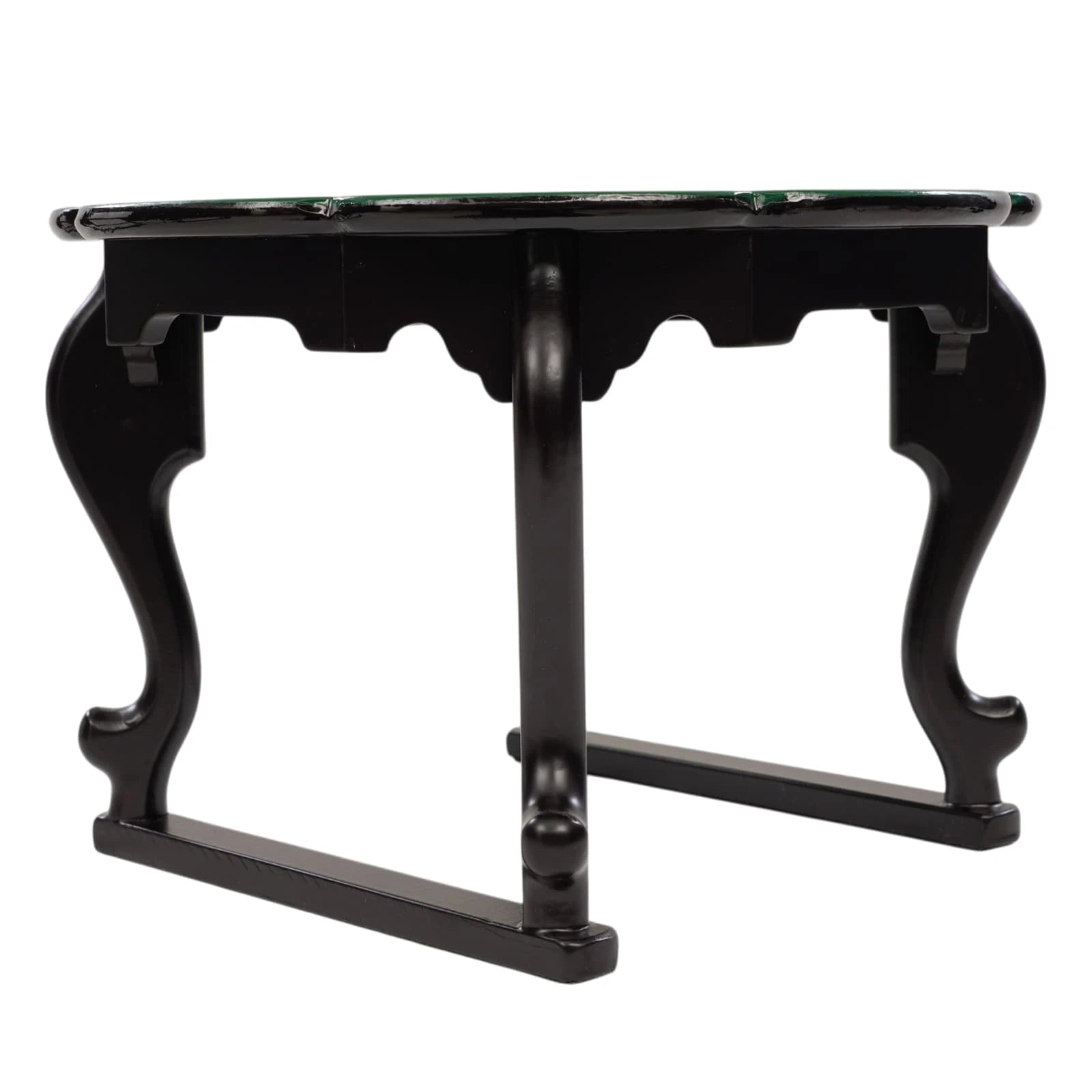 Side view of black wooden stand for mother-of-pearl round tray table with curved legs