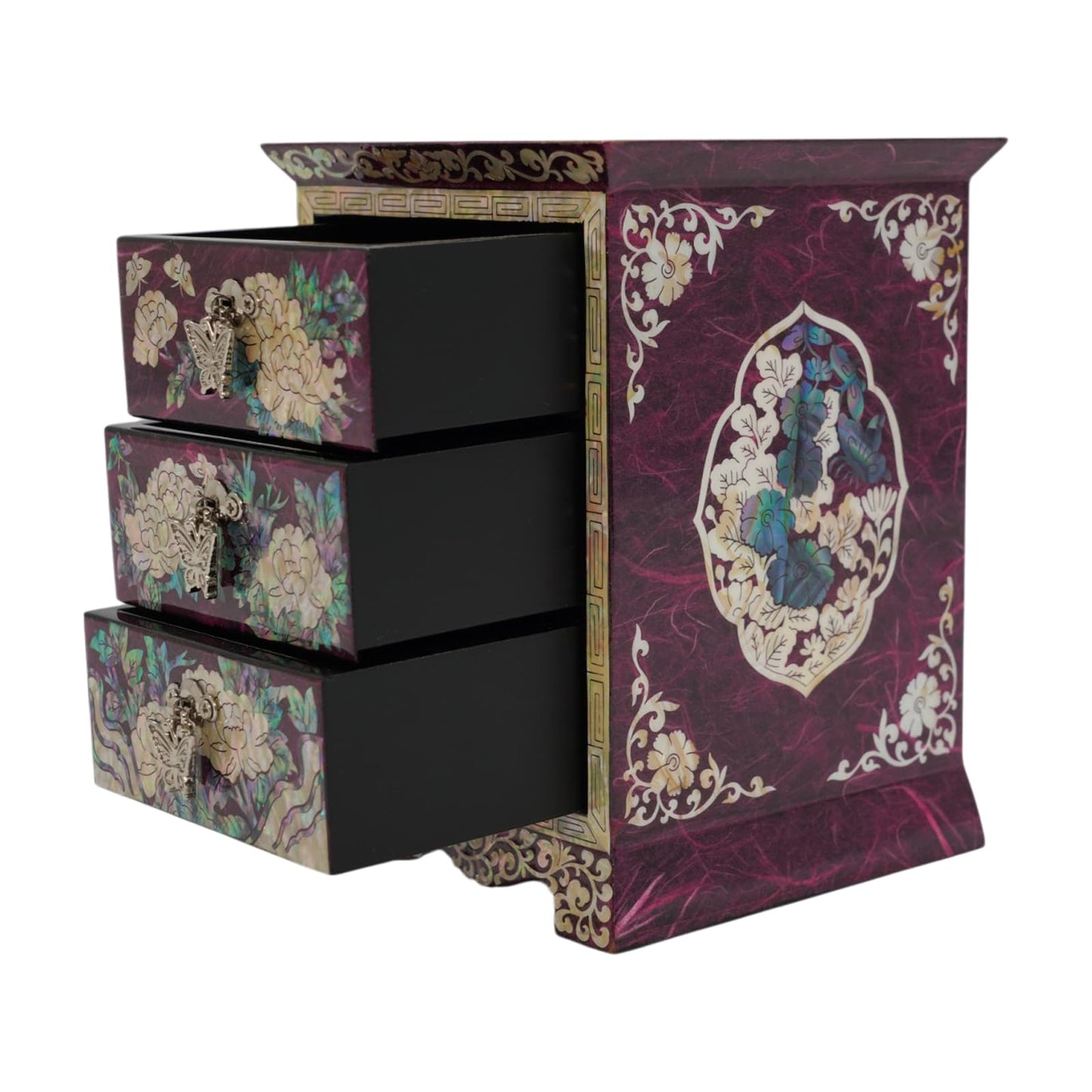 Side view of blue and red mother of pearl jewelry boxes, handmade Korean lacquerware with butterfly pulls, traditional oriental home decor