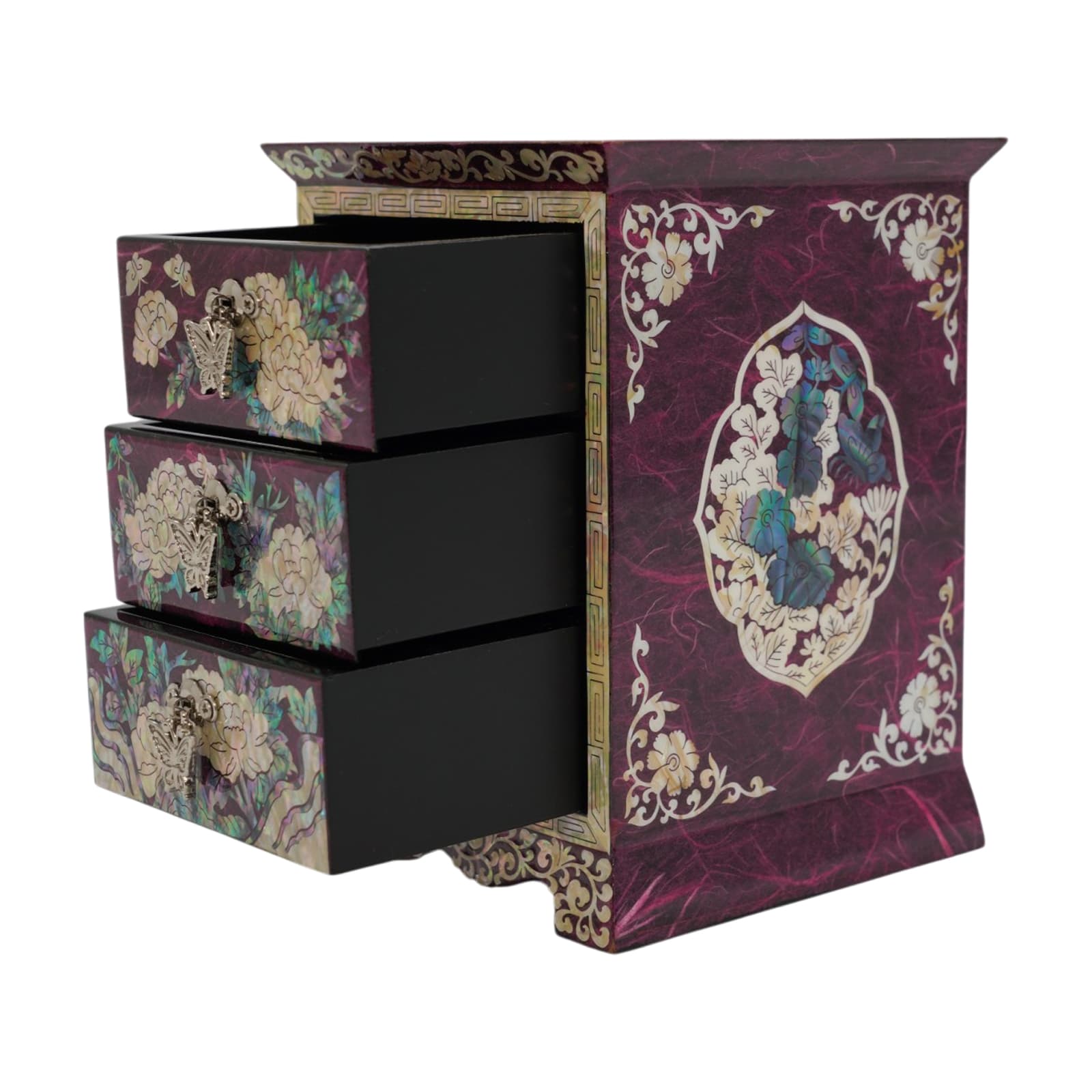 Side view of blue and red mother of pearl jewelry boxes, handmade Korean lacquerware with butterfly pulls, traditional oriental home decor
