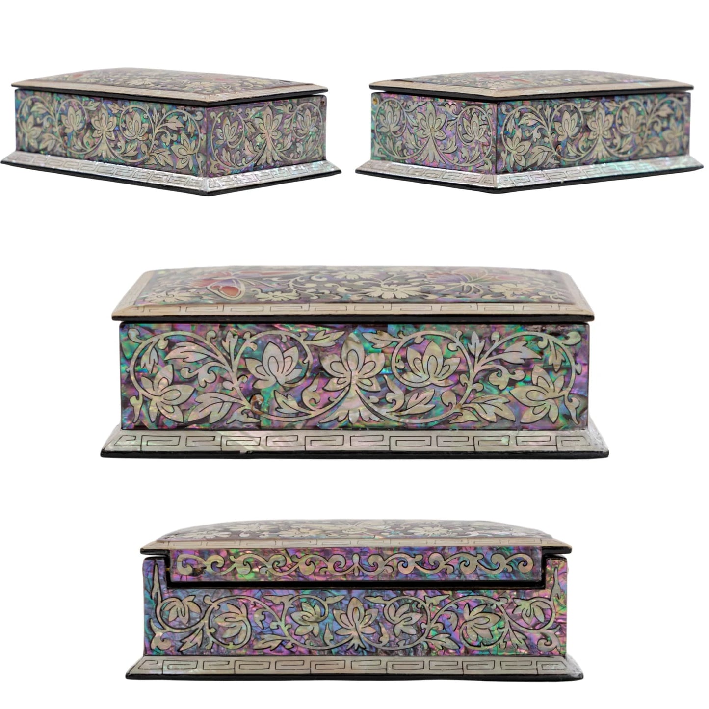 Side view of hexagonal shell inlay box highlighting detailed floral scrollwork and polished edges