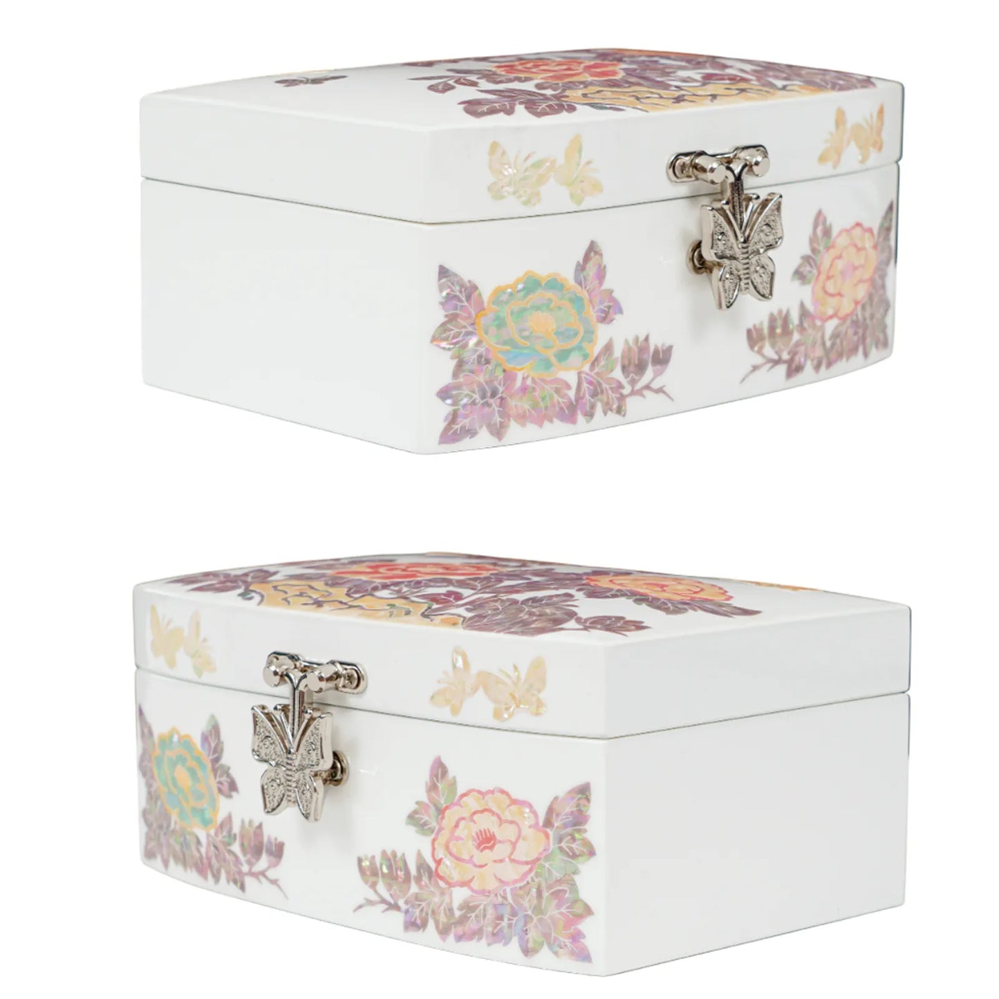 Side view of lacquer jewelry box with colorful peony inlay and butterfly clasp