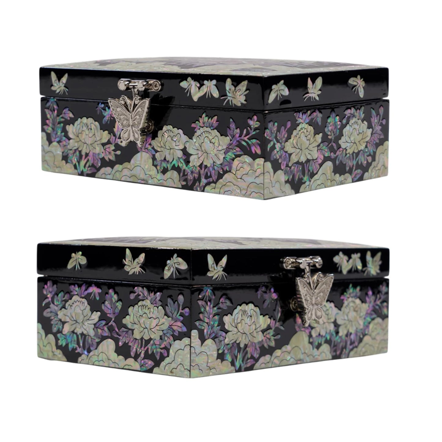 Side view of mother of pearl jewelry box highlighting butterfly clasp, floral inlay pattern, and glossy lacquered edges