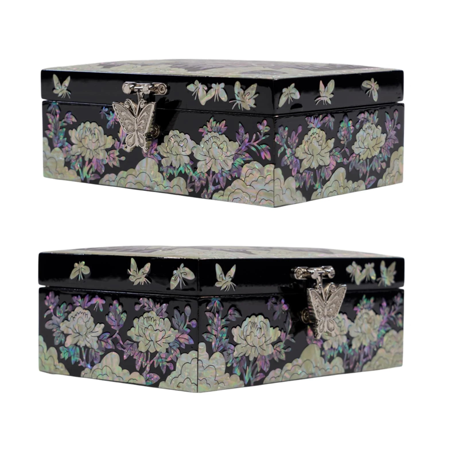 Side view of mother of pearl jewelry box highlighting butterfly clasp, floral inlay pattern, and glossy lacquered edges