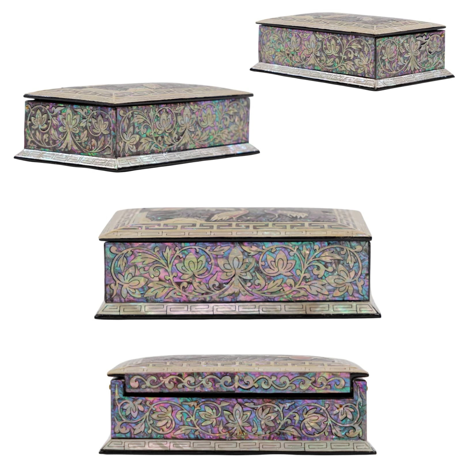 Side view of rectangular black lacquer jewelry box with mother-of-pearl floral inlay, elegant decorative storage box