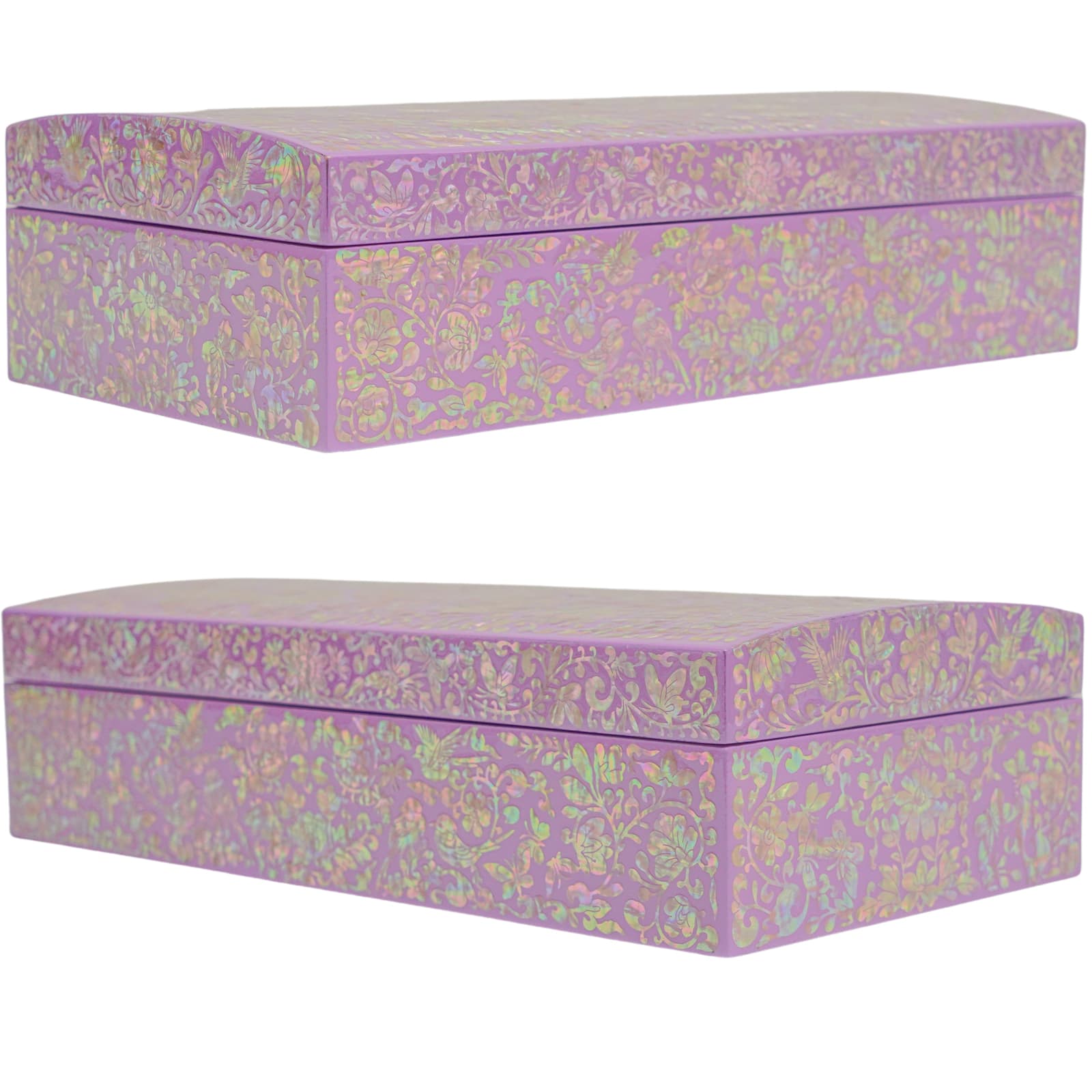 Side views of purple jewelry box featuring shimmering floral mother-of-pearl accents