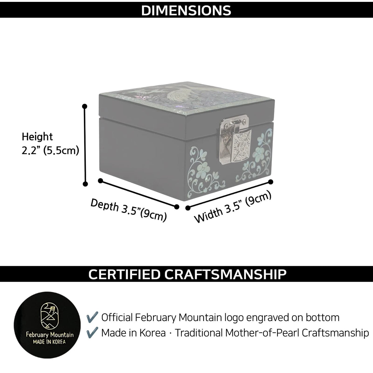 Small black mother-of-pearl box with floral design, metal clasp, shown with size dimensions printed around it
