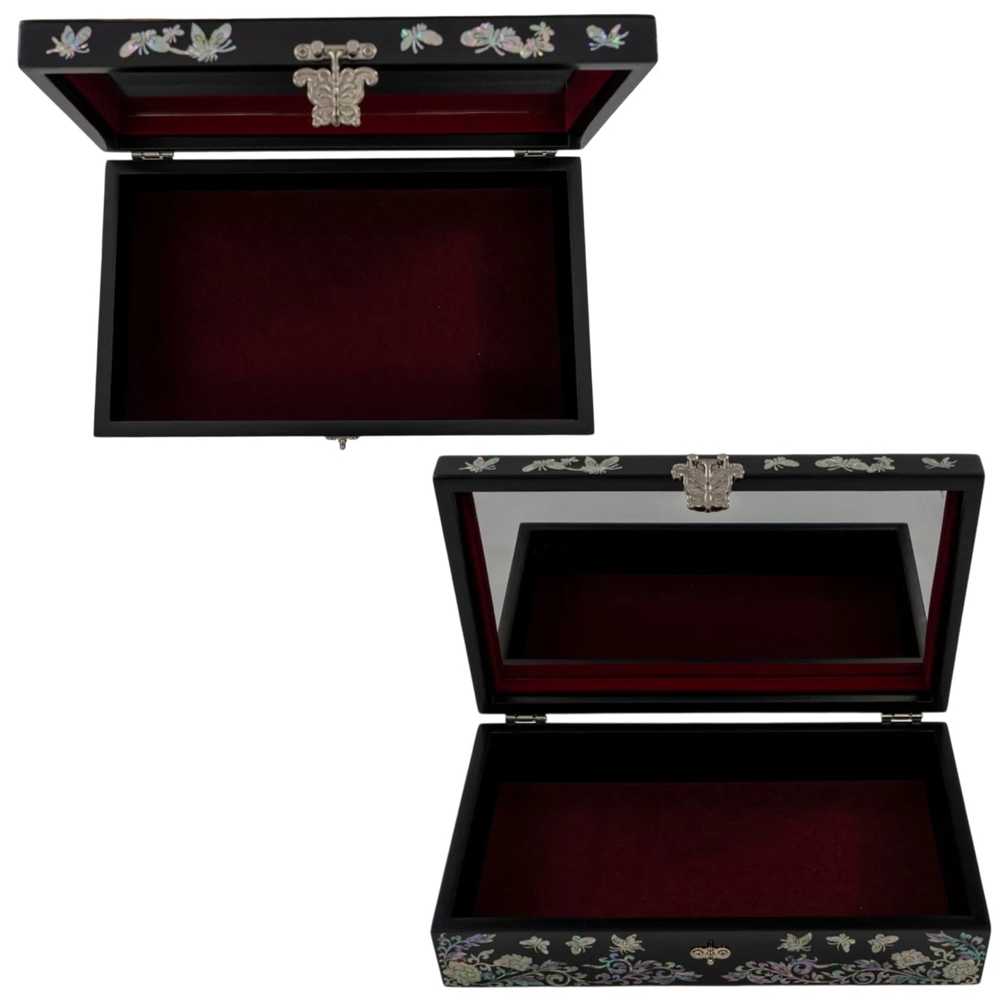 Straight top-down view of a black jewelry box beautifully covered in detailed mother-of-pearl floral branches and bird motifs
