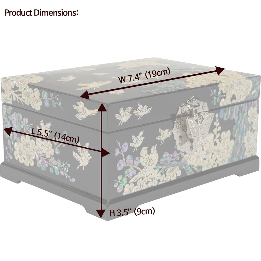 A decorative box with dimensions: Width 7.4" (19cm), Length 5.5" (14cm), Height 3.5" (9cm), featuring mother-of-pearl inlay with butterfly clasp.