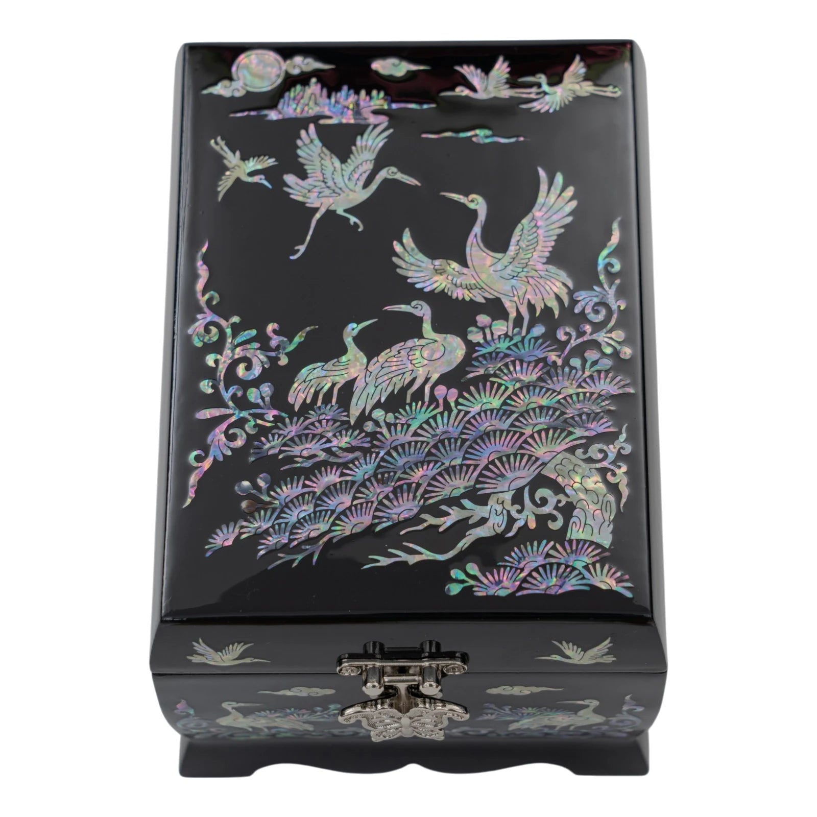 The black lacquer box with shimmering mother-of-pearl inlays depicting traditional Korean cranes, pine trees, and a full moon.