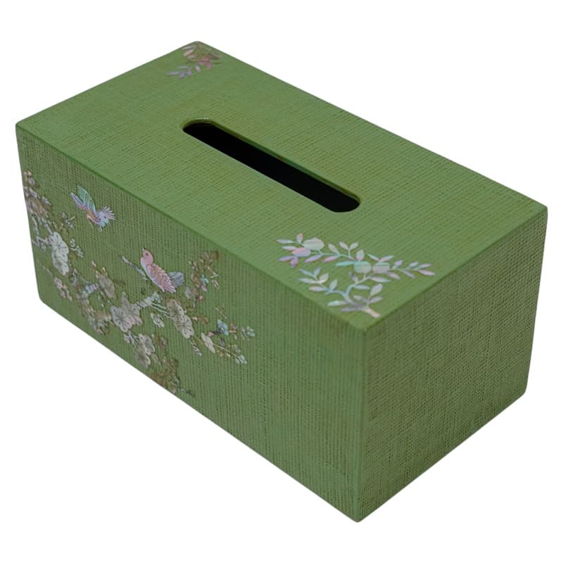 This is a rectangular green tissue box cover with a mother-of-pearl inlay of birds and flowers on the side.