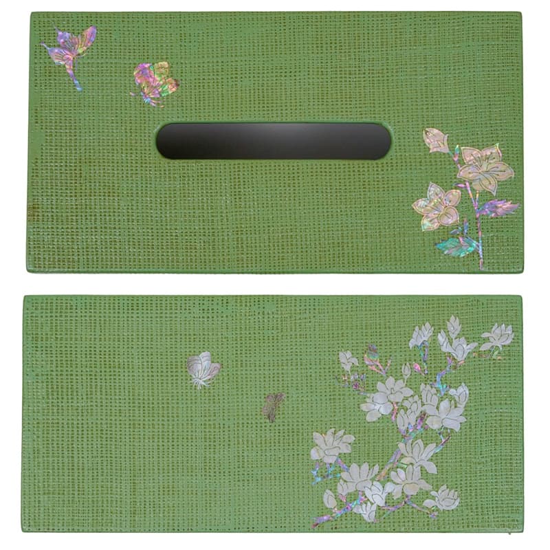 The image shows a green tissue box cover with mother-of-pearl inlay; one side features birds and flowers, while the other side has a single butterfly near the opening.