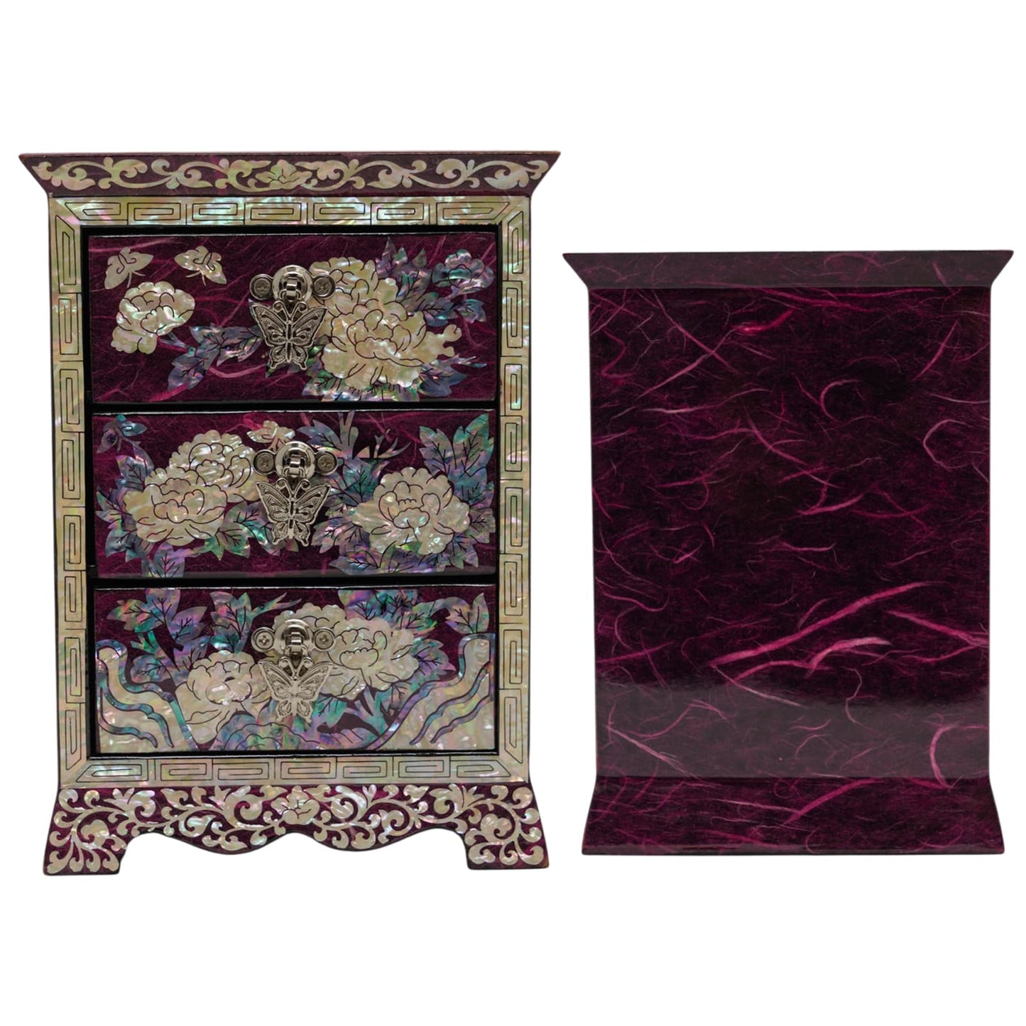 The purple mother of pearl jewelry organizers, traditional Korean najeonchilgi art, handcrafted shell inlay storage for vanity