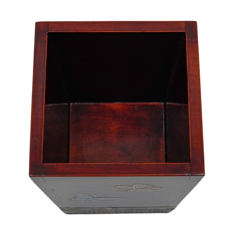 This image shows the top view of a square wooden pen holder, deep and hollowed out to organize pens, with a rich mahogany finish.