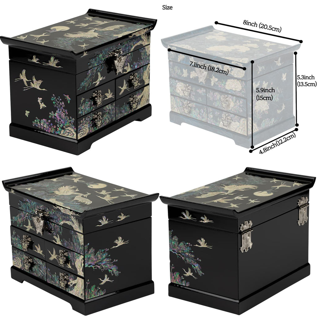 A luxurious black mother-of-pearl jewelry box showcasing a crane and pine tree design, complete with multiple drawers and an elegant clasped compartment. Handcrafted in Korea, it's a masterpiece of storage and style.