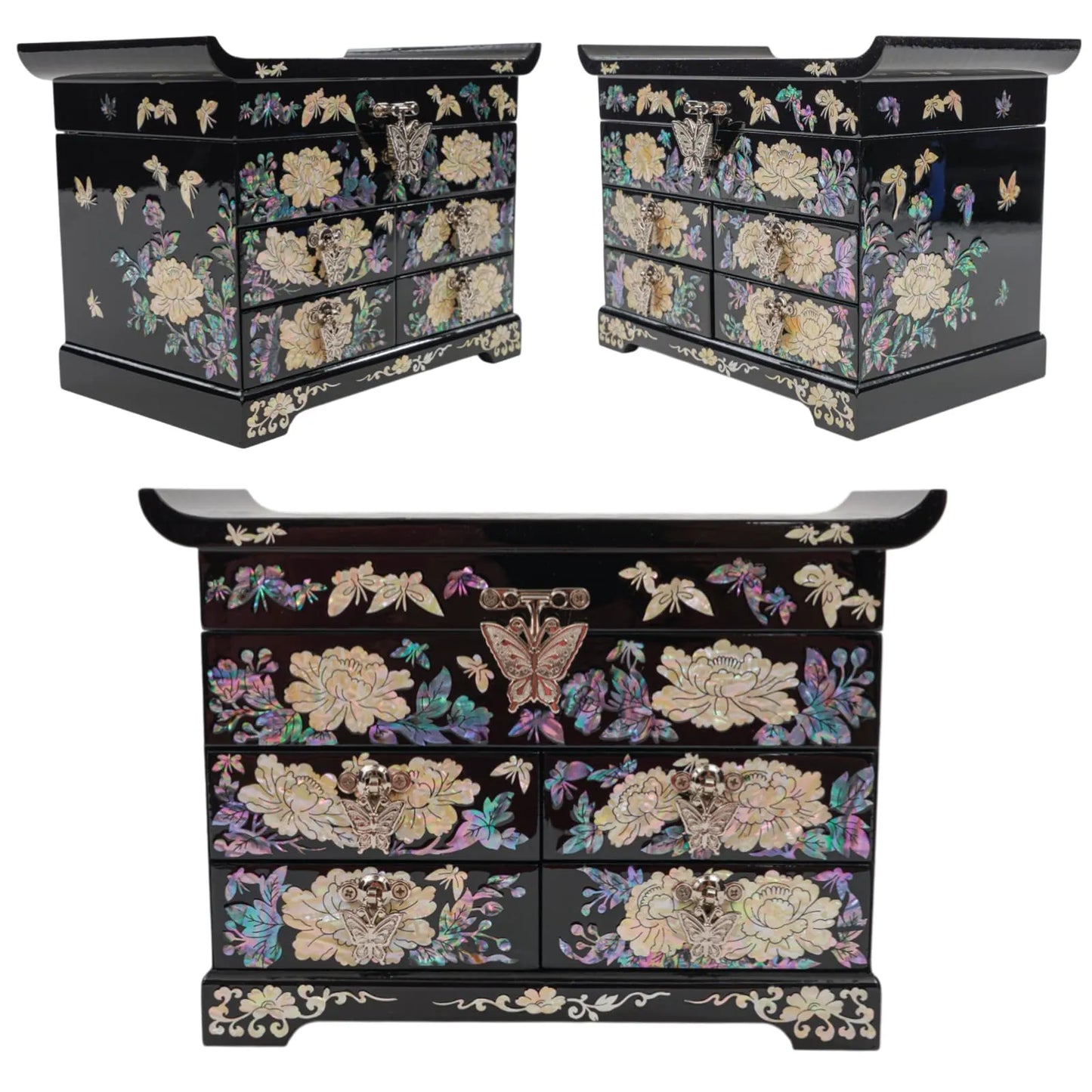 Three-quarter views of mother-of-pearl floral drawer jewelry box