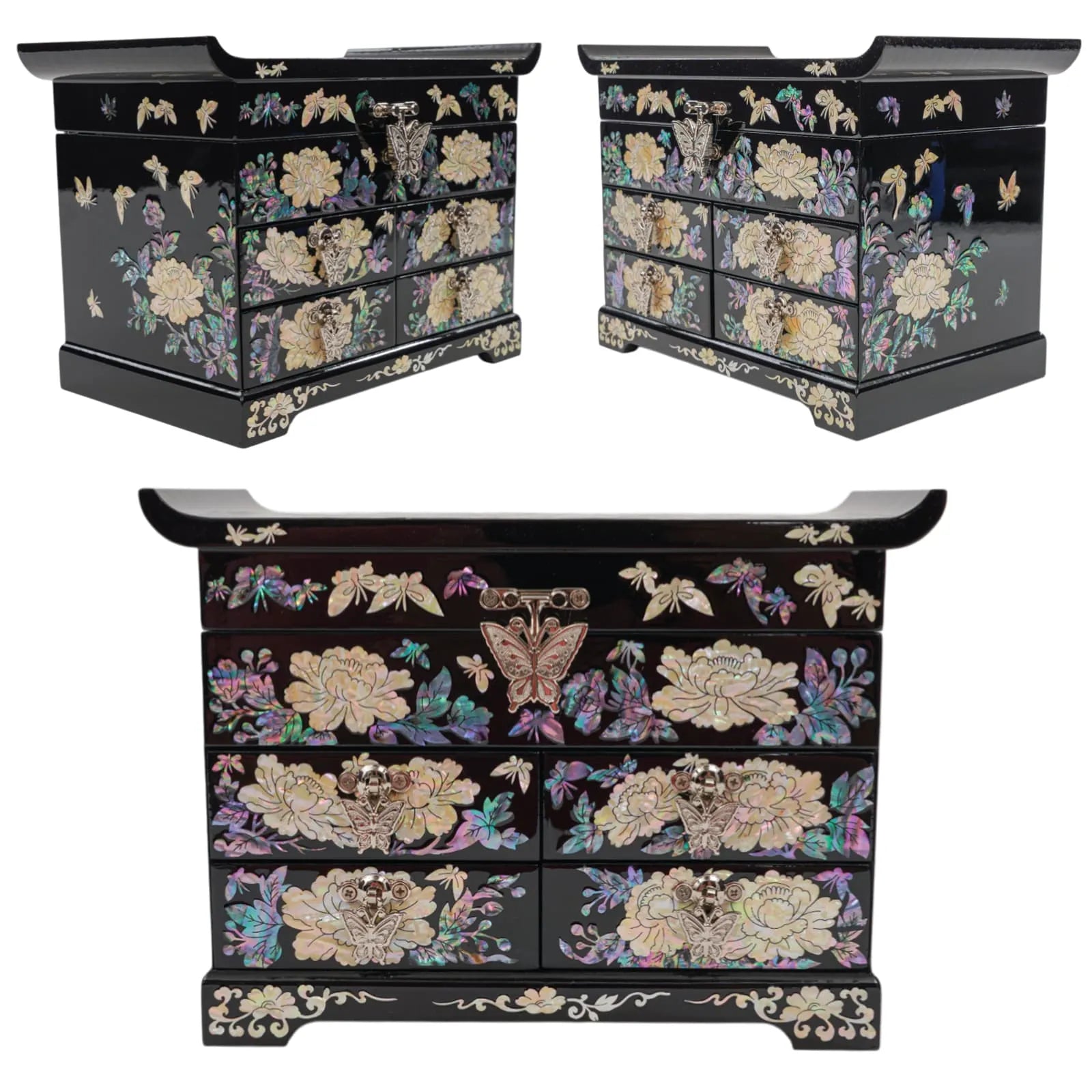 Three-quarter views of mother-of-pearl floral drawer jewelry box