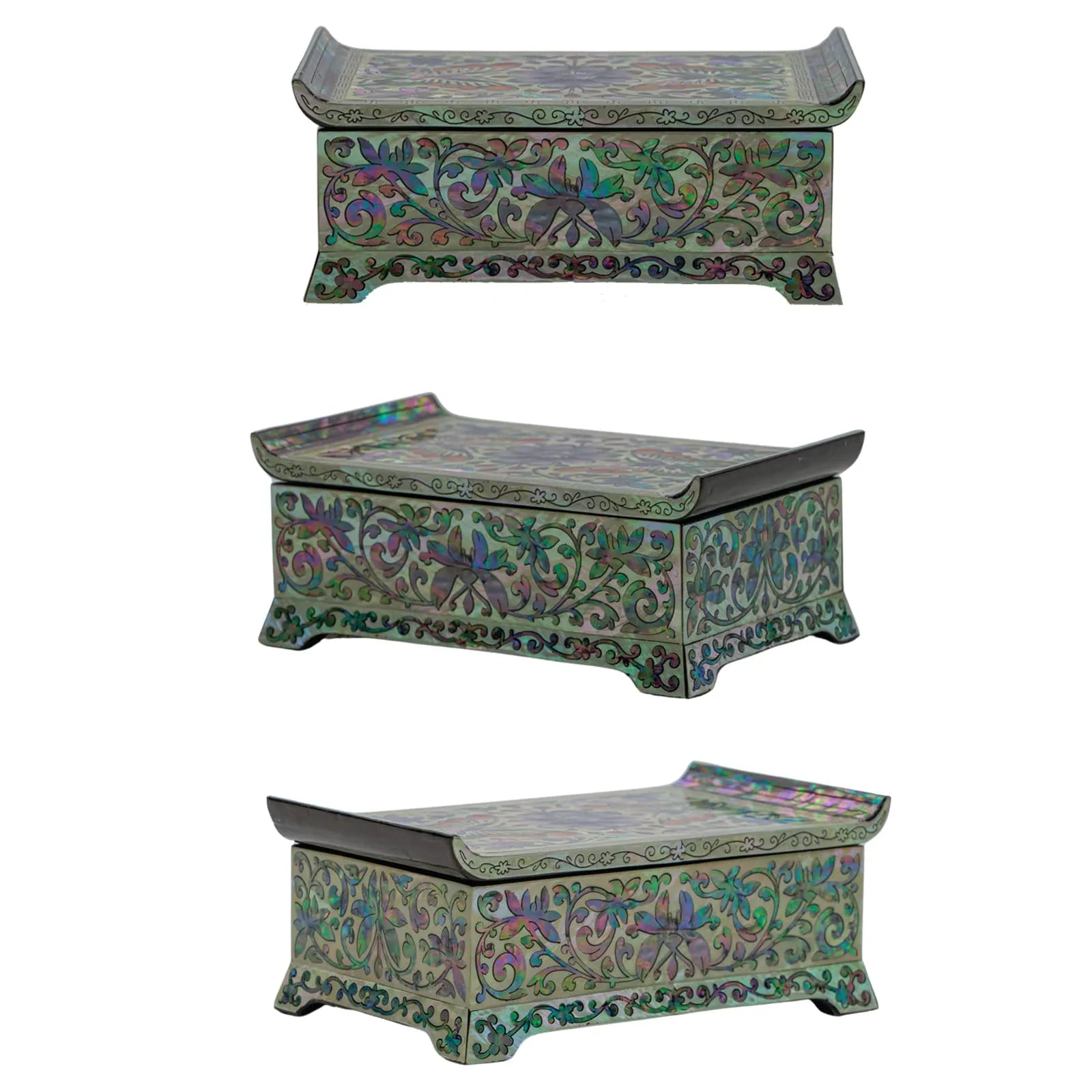 Three-side view of iridescent lacquer jewelry box with floral mother-of-pearl patterns