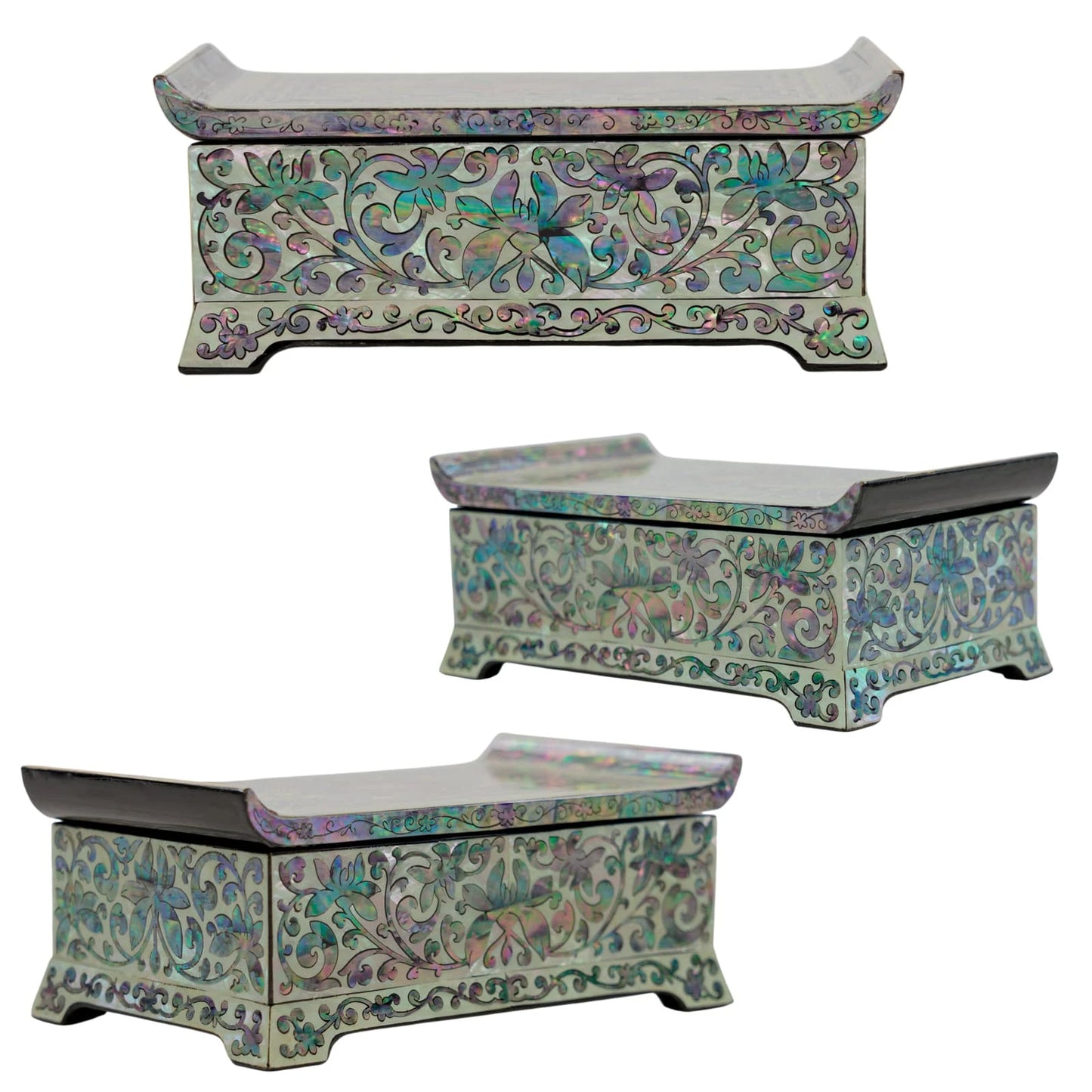 Three-view angle of a lacquer box showing side floral shell patterns. Displays the curved lid and detailed craftsmanship from all sides