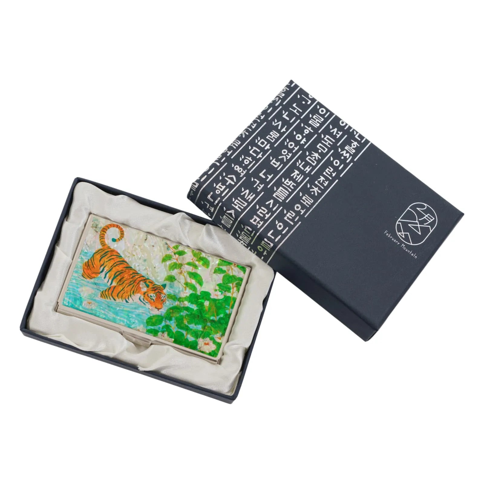 Tiger card case with green leaves in a Korean-style black gift box