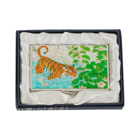 Tiger walking through water card case in a silk-lined presentation box