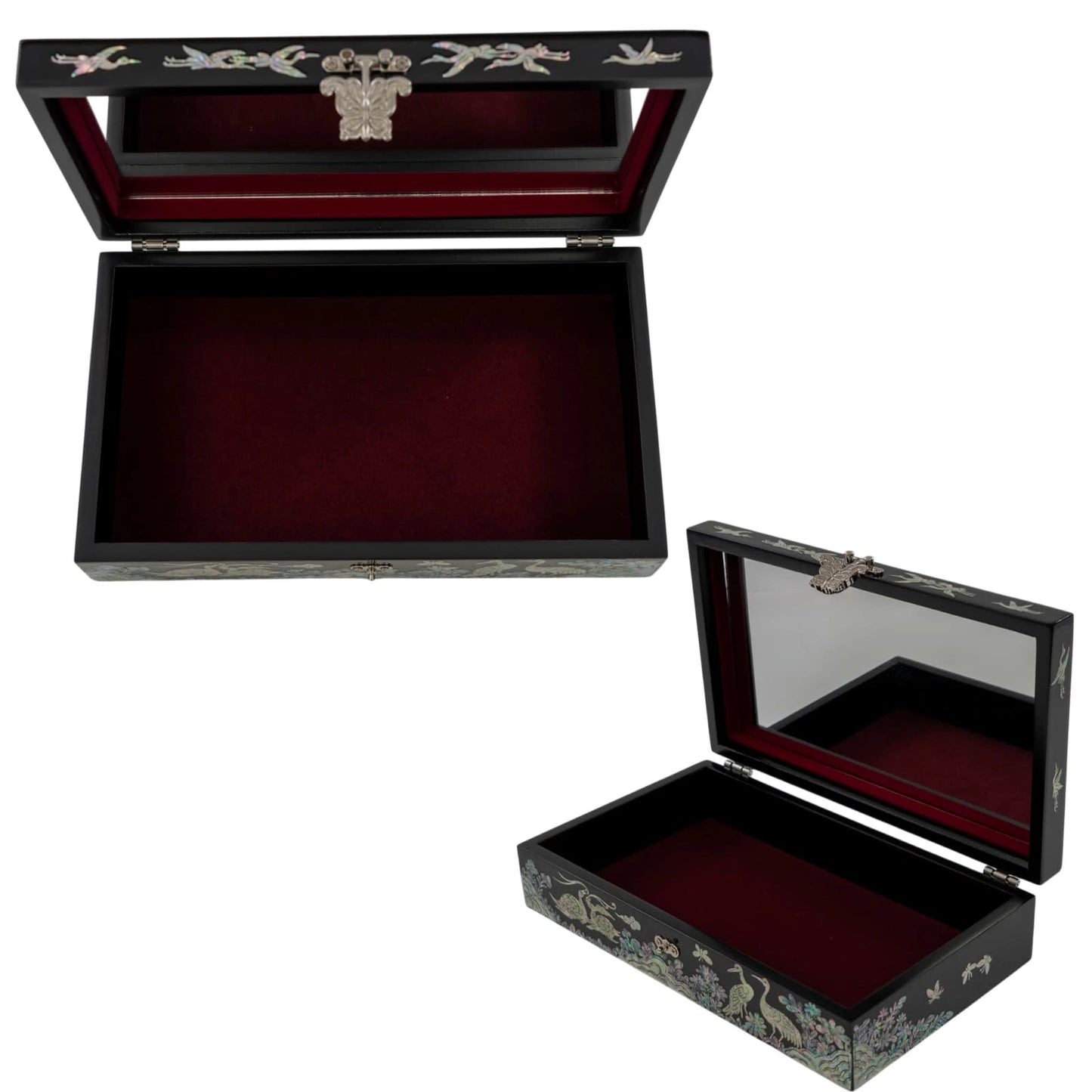 Top-down perspective of a black lacquer box showcasing an intricate traditional landscape of cranes flying over pine trees under the moon