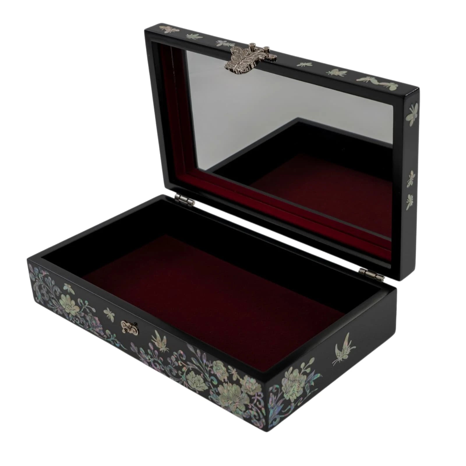 Top-down view of a black keepsake box focusing on the vibrant, iridescent circular butterfly and floral vine mother-of-pearl design