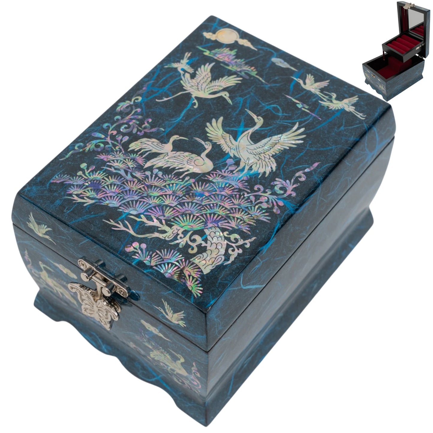 Top-down view of a blue Hanji jewelry box highlighting the detailed mother-of-pearl cranes flying among pine trees and clouds.
