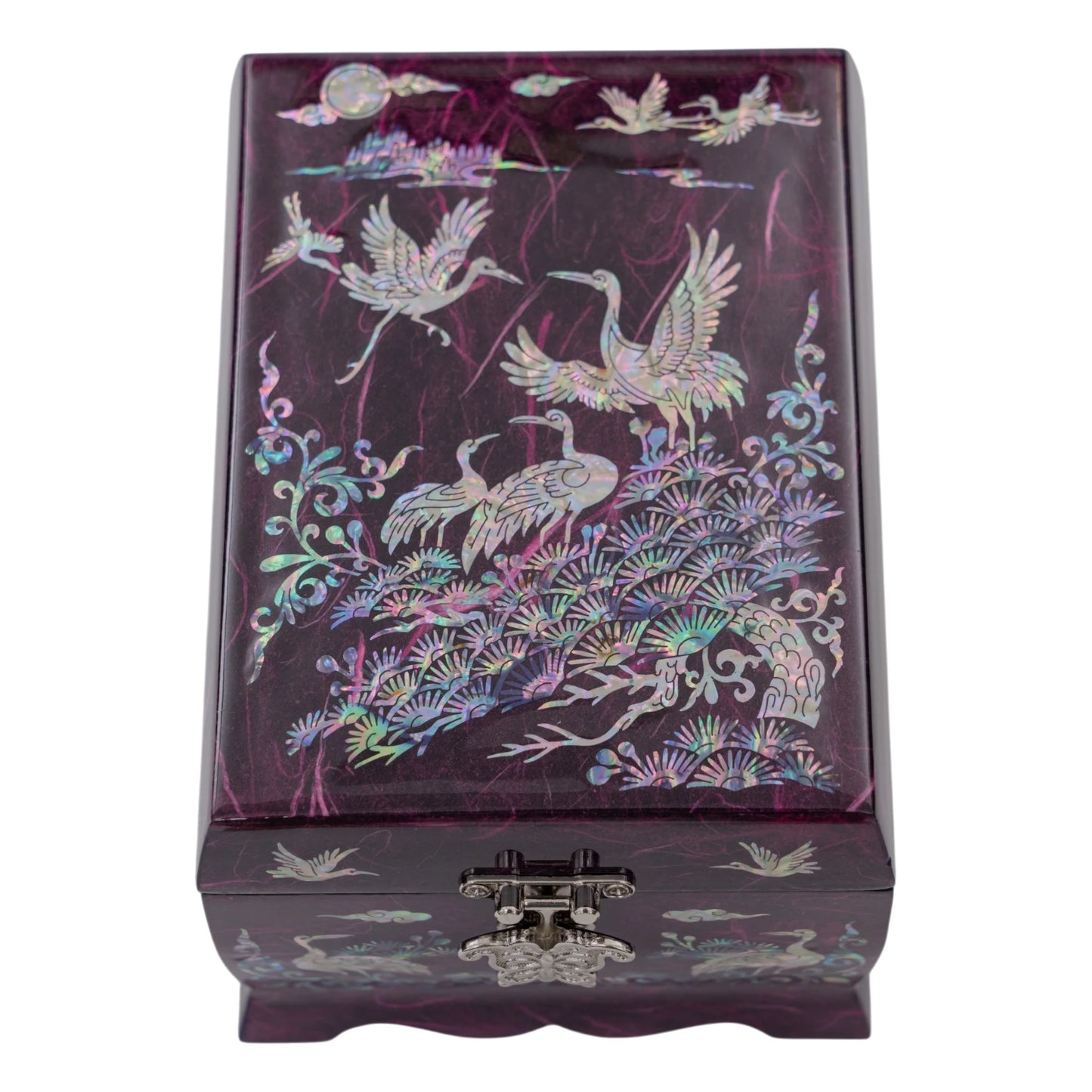 Top-down view of a purple lacquer box showcasing detailed mother-of-pearl crane motifs and a decorative butterfly-shaped latch.